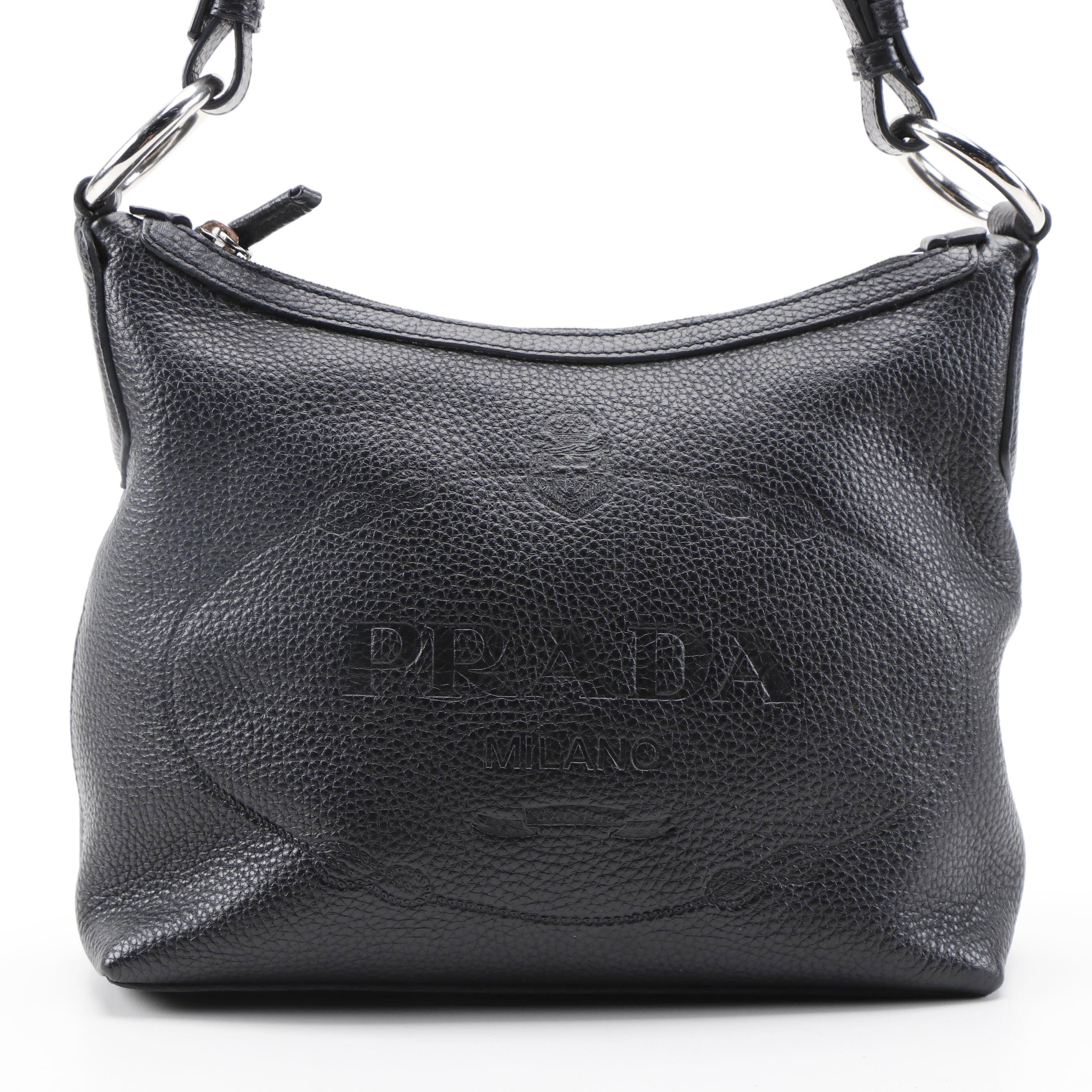 Prada Embossed Logo Black Daino Vitello Shoulder Bag
