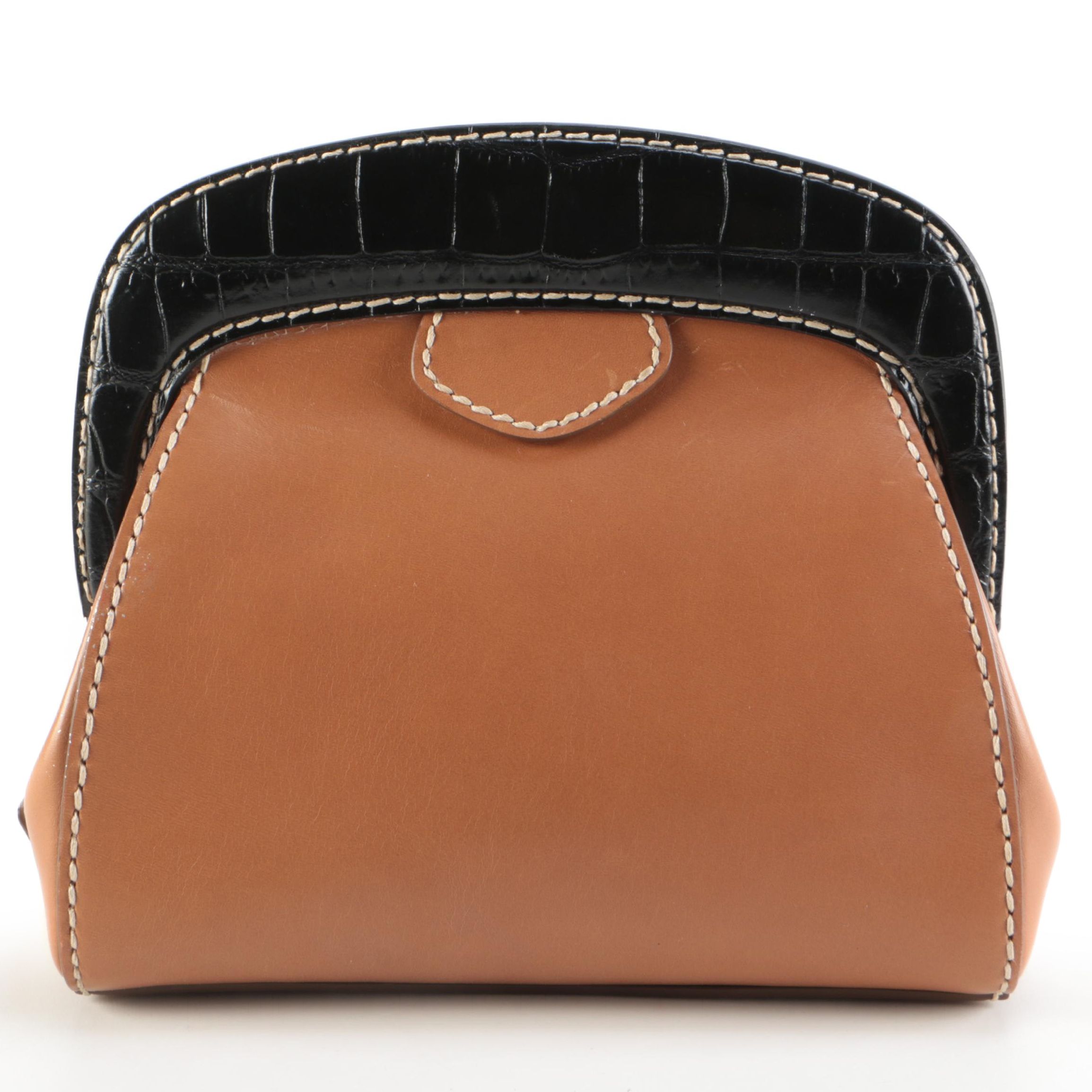 Prada Contrast Stitched Tan Leather Frame Clutch with Black Croc Embossed Trim