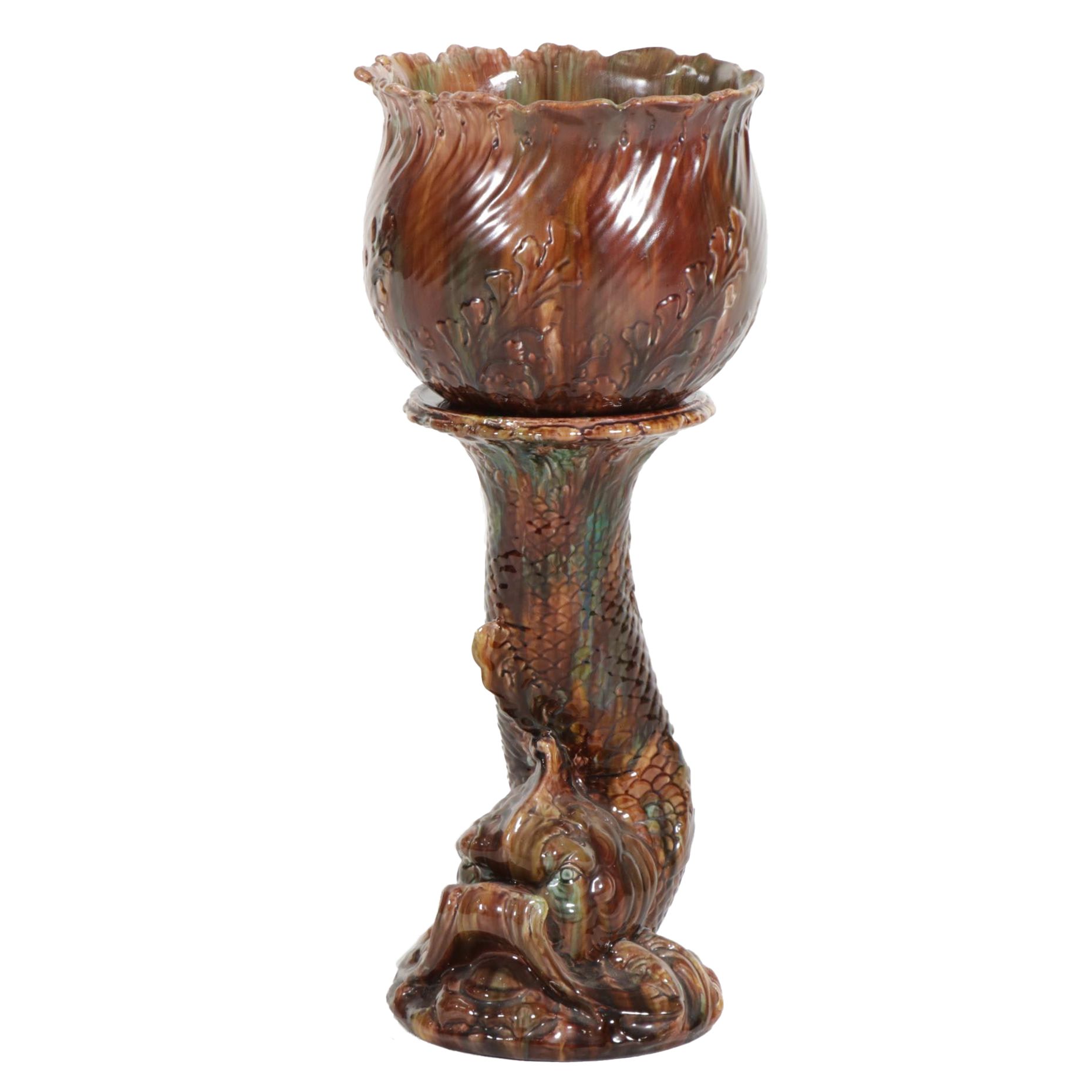 Wannopee Ceramic Majolica Leaf-Form Jardinière on Dolphin Stand