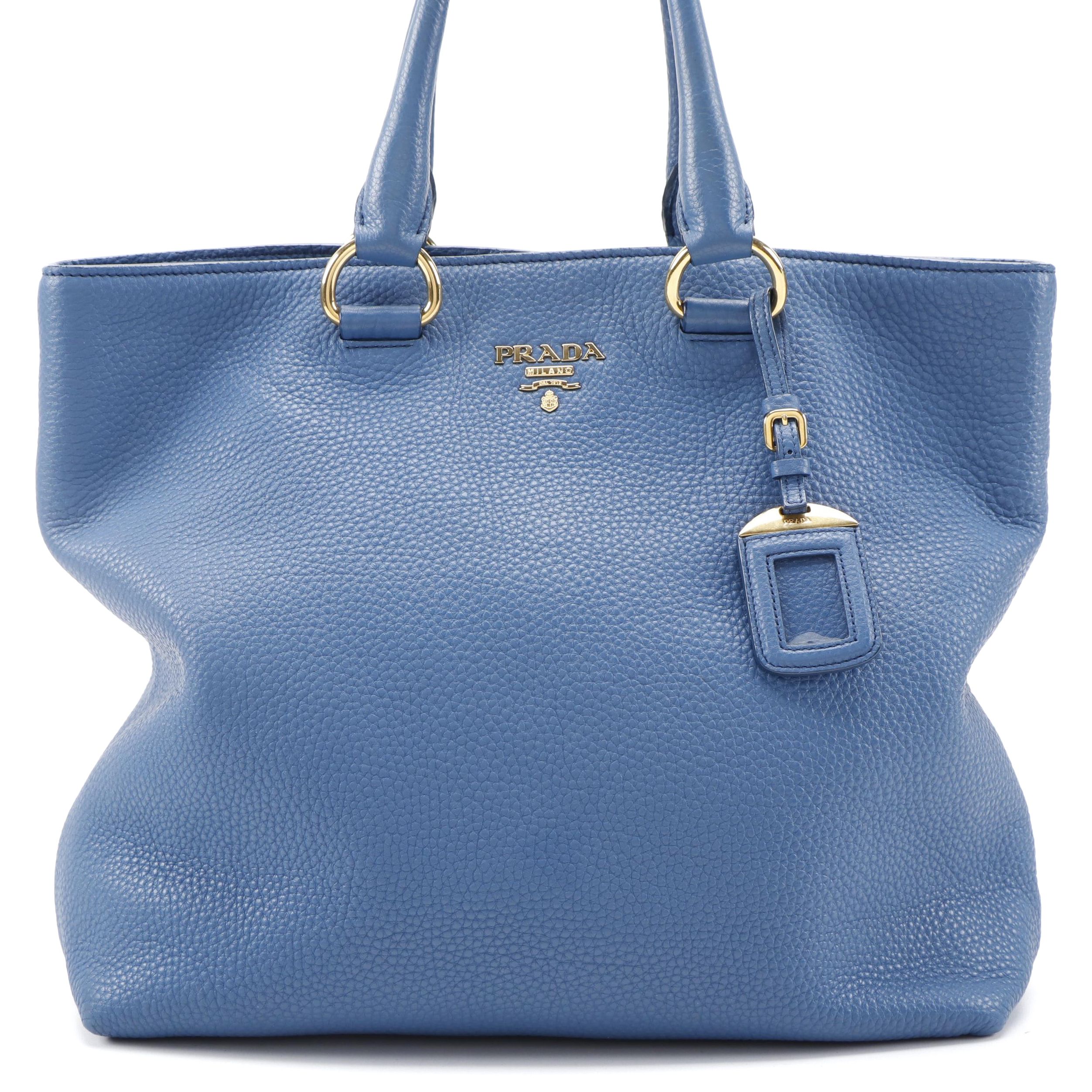 Prada Blue Vitello Daino Leather Two-Way Tote