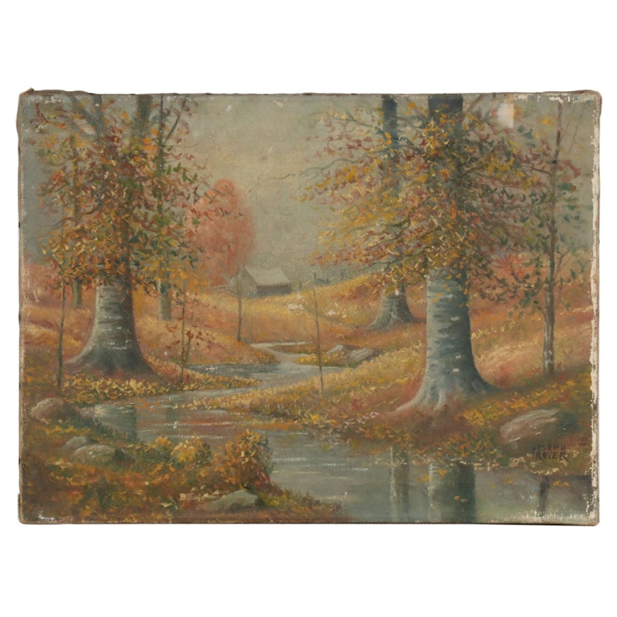 Joseph Trover Oil Painting of Autumn Landscape, Mid-Late 20th Century