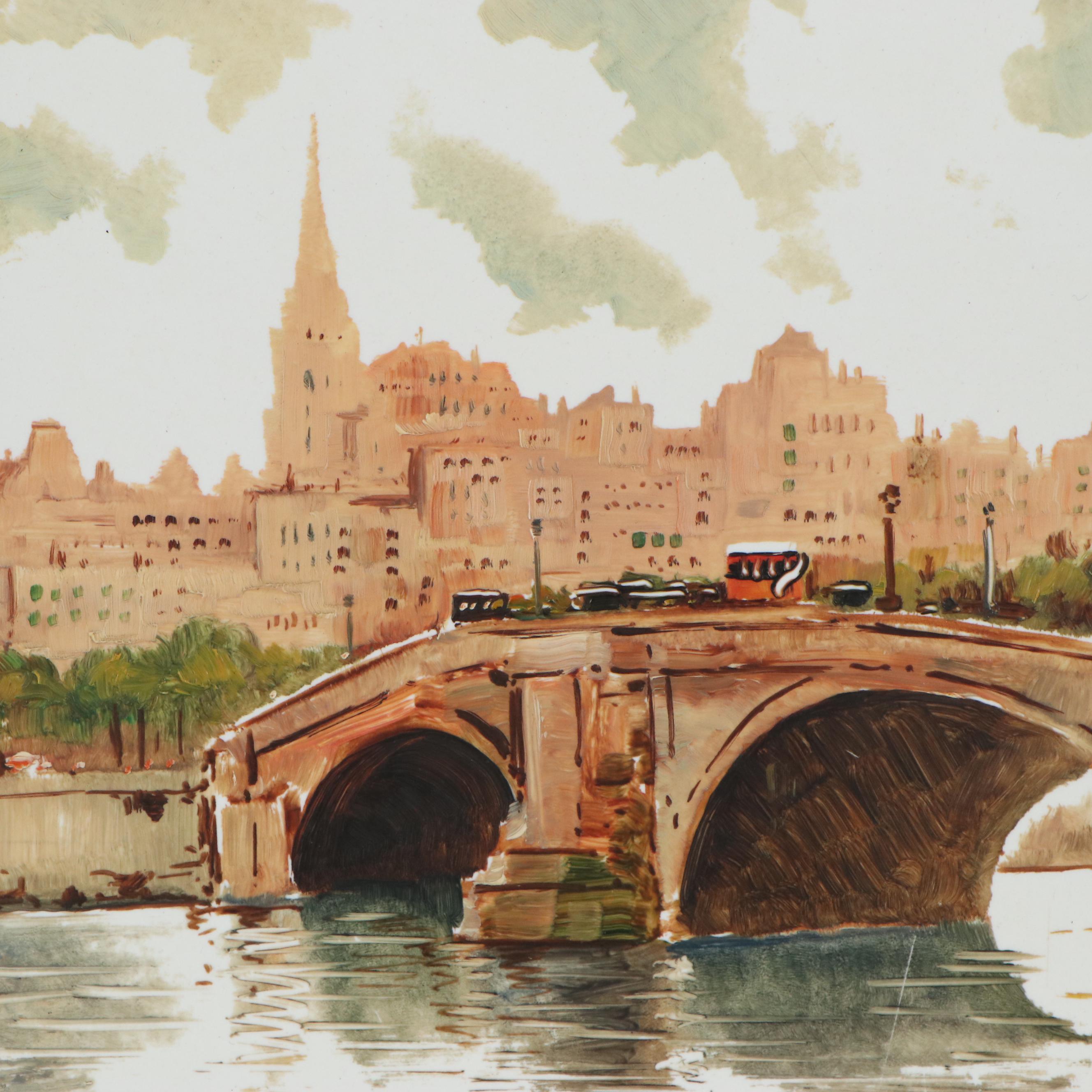 Mario Maresca Oil Painting on Tile of Parisian Bridge, Mid-20th Century