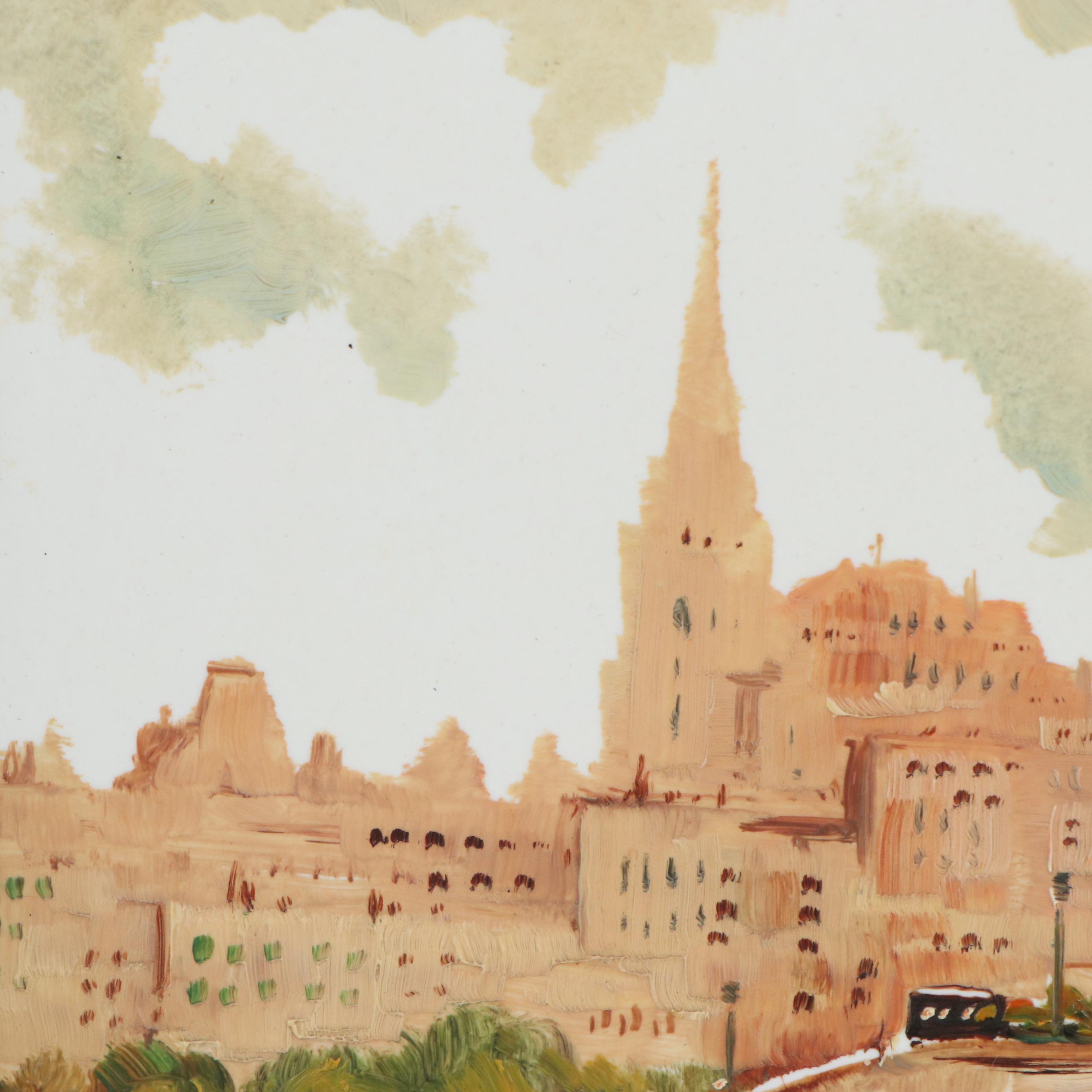 Mario Maresca Oil Painting on Tile of Parisian Bridge, Mid-20th Century