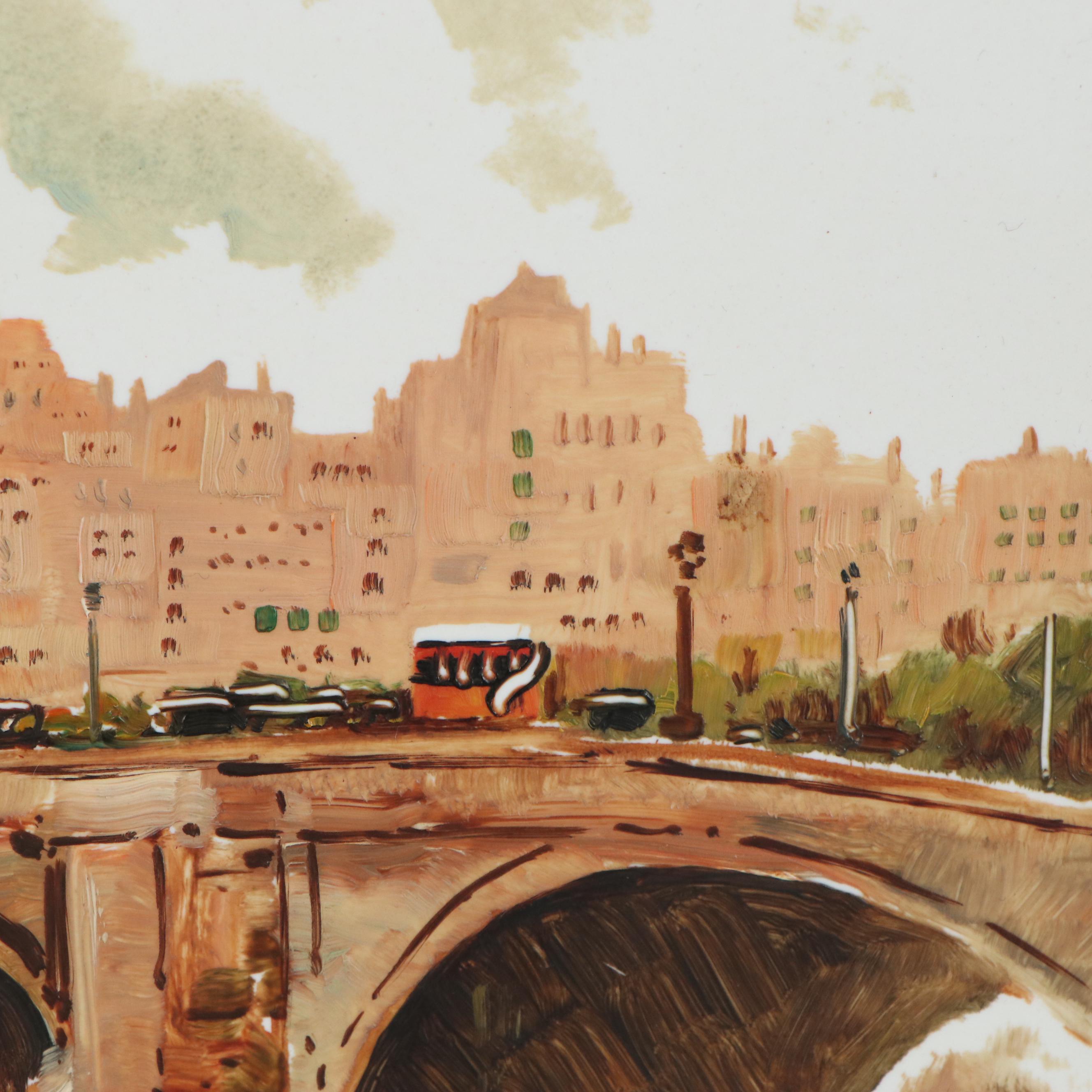 Mario Maresca Oil Painting on Tile of Parisian Bridge, Mid-20th Century