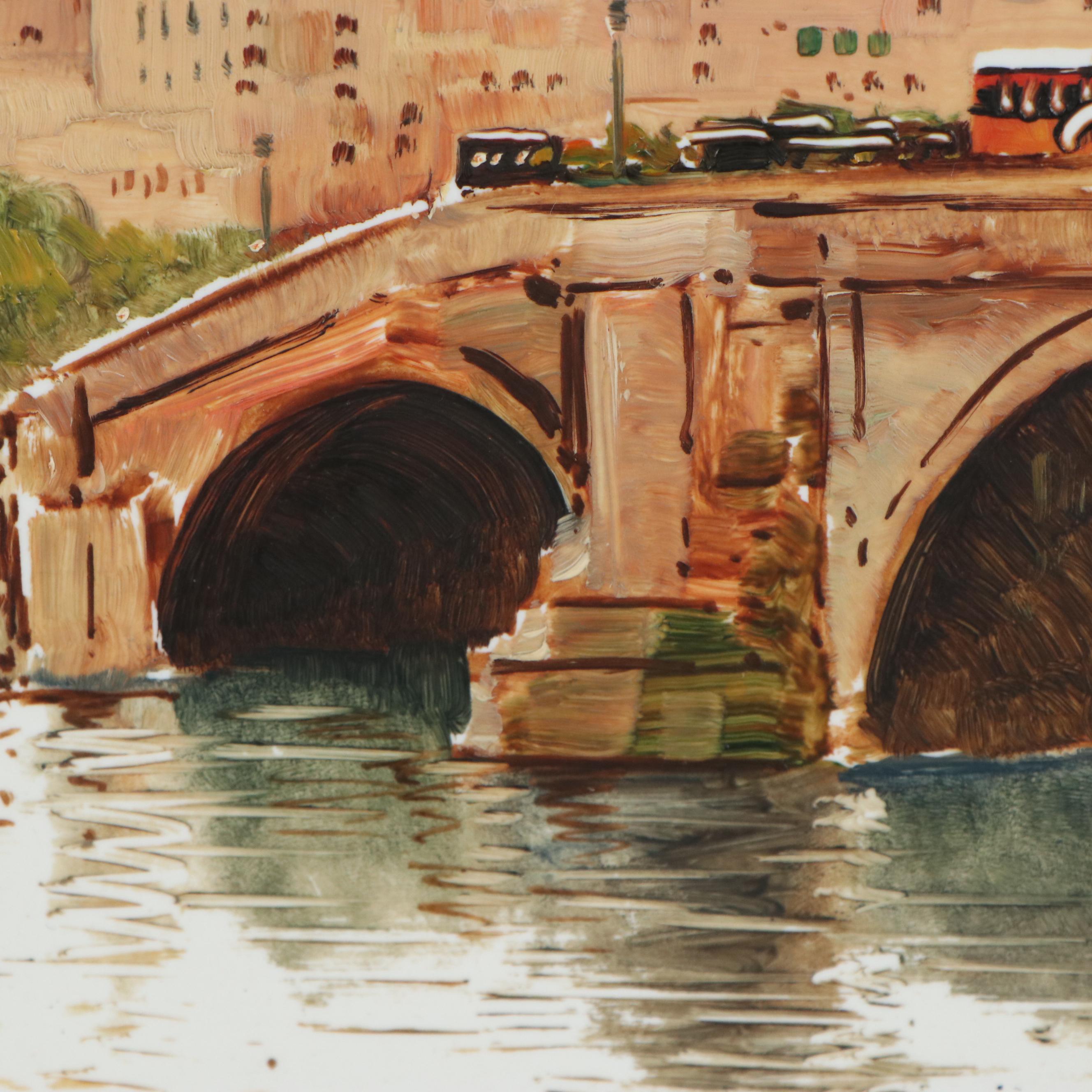 Mario Maresca Oil Painting on Tile of Parisian Bridge, Mid-20th Century