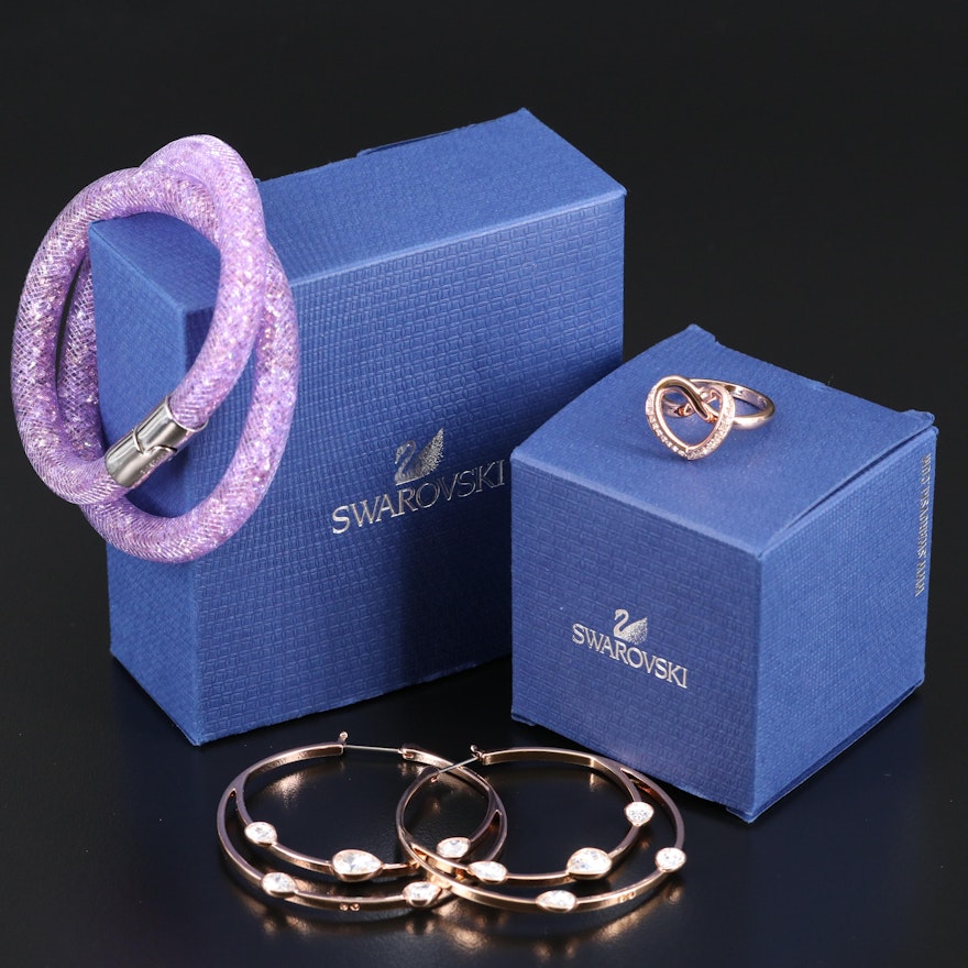 Swarovski Assortment Featuring Gaze Hoop Earrings and Cupidon Ring