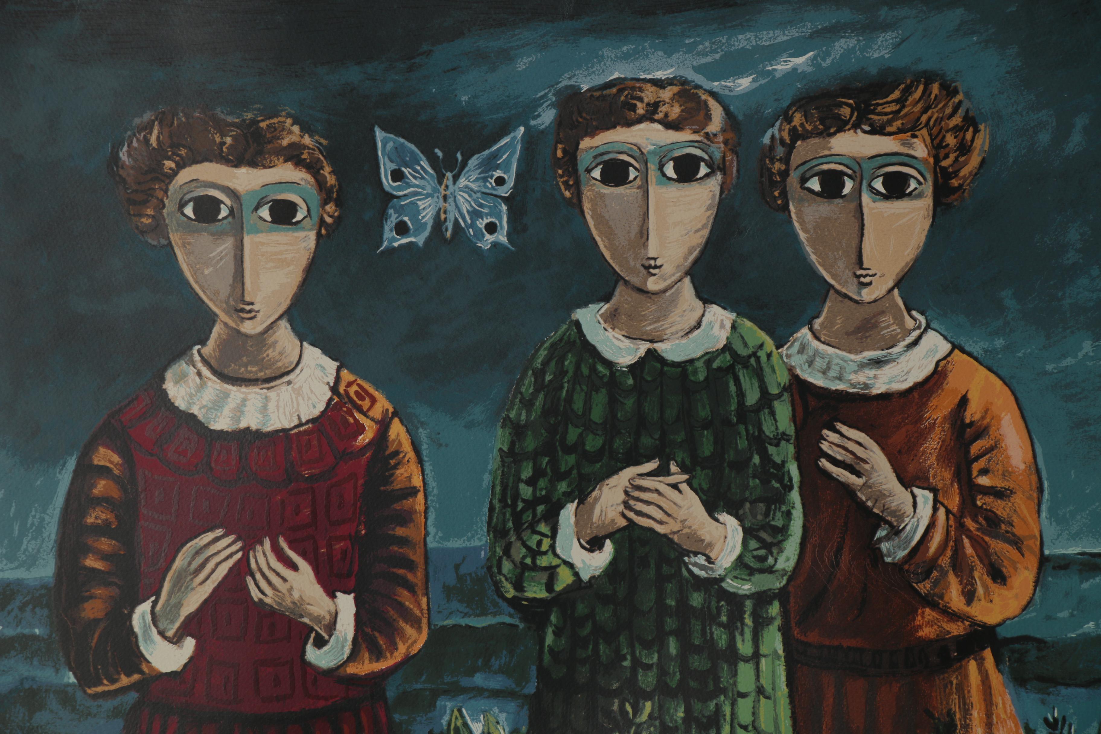 Yosl Bergner Serigraph "Three Girls and Butterfly," Mid-20th Century