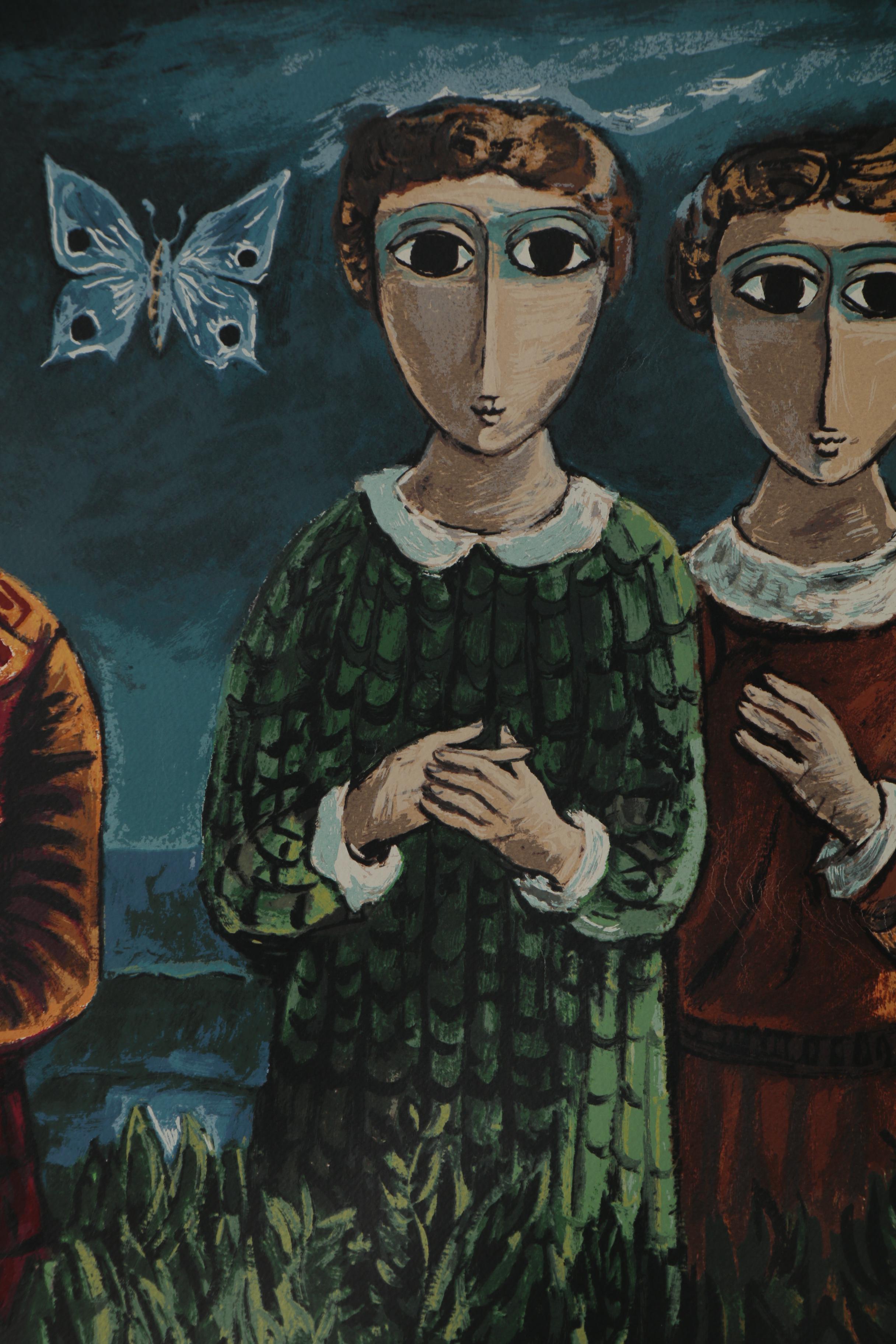Yosl Bergner Serigraph "Three Girls and Butterfly," Mid-20th Century