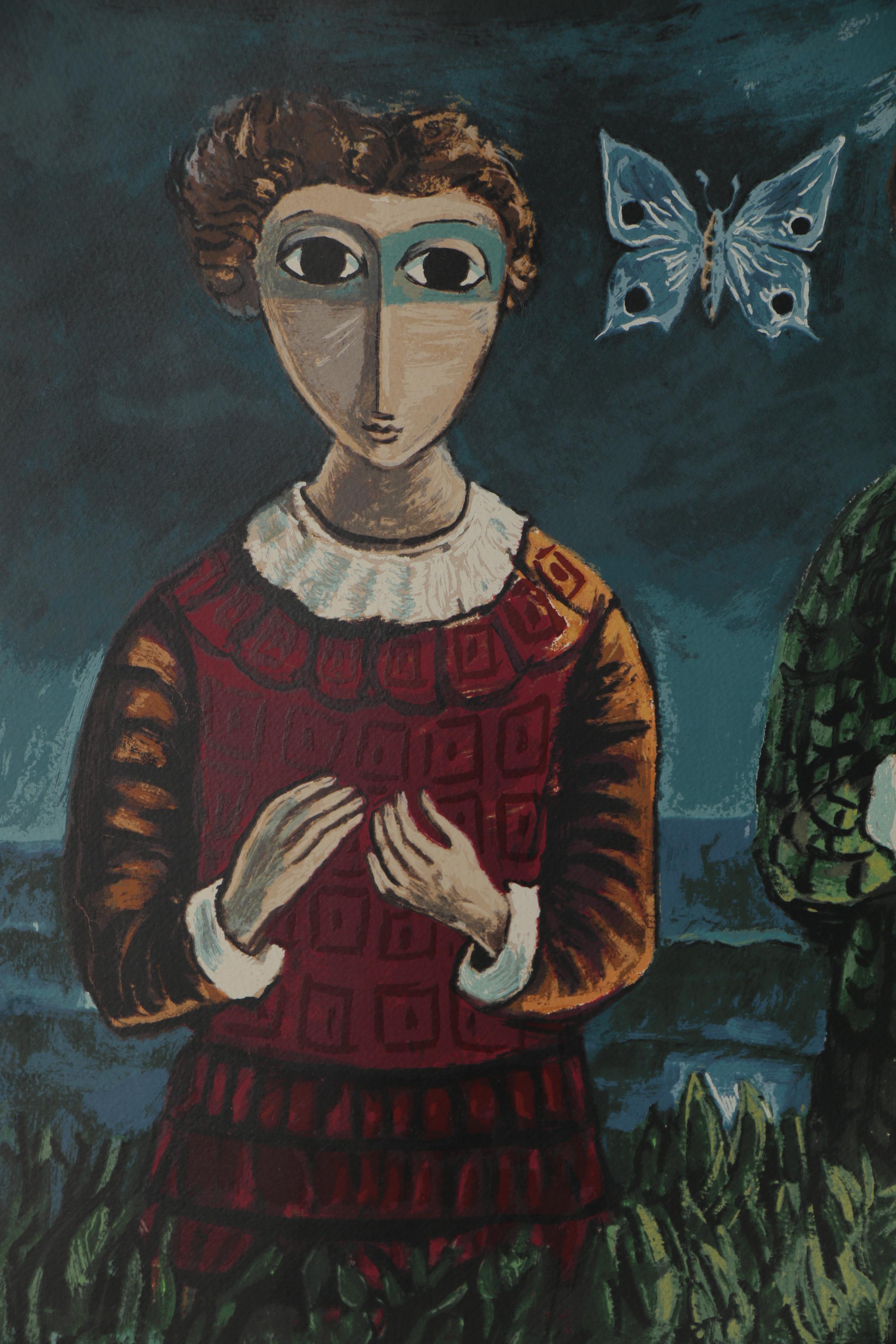 Yosl Bergner Serigraph "Three Girls and Butterfly," Mid-20th Century