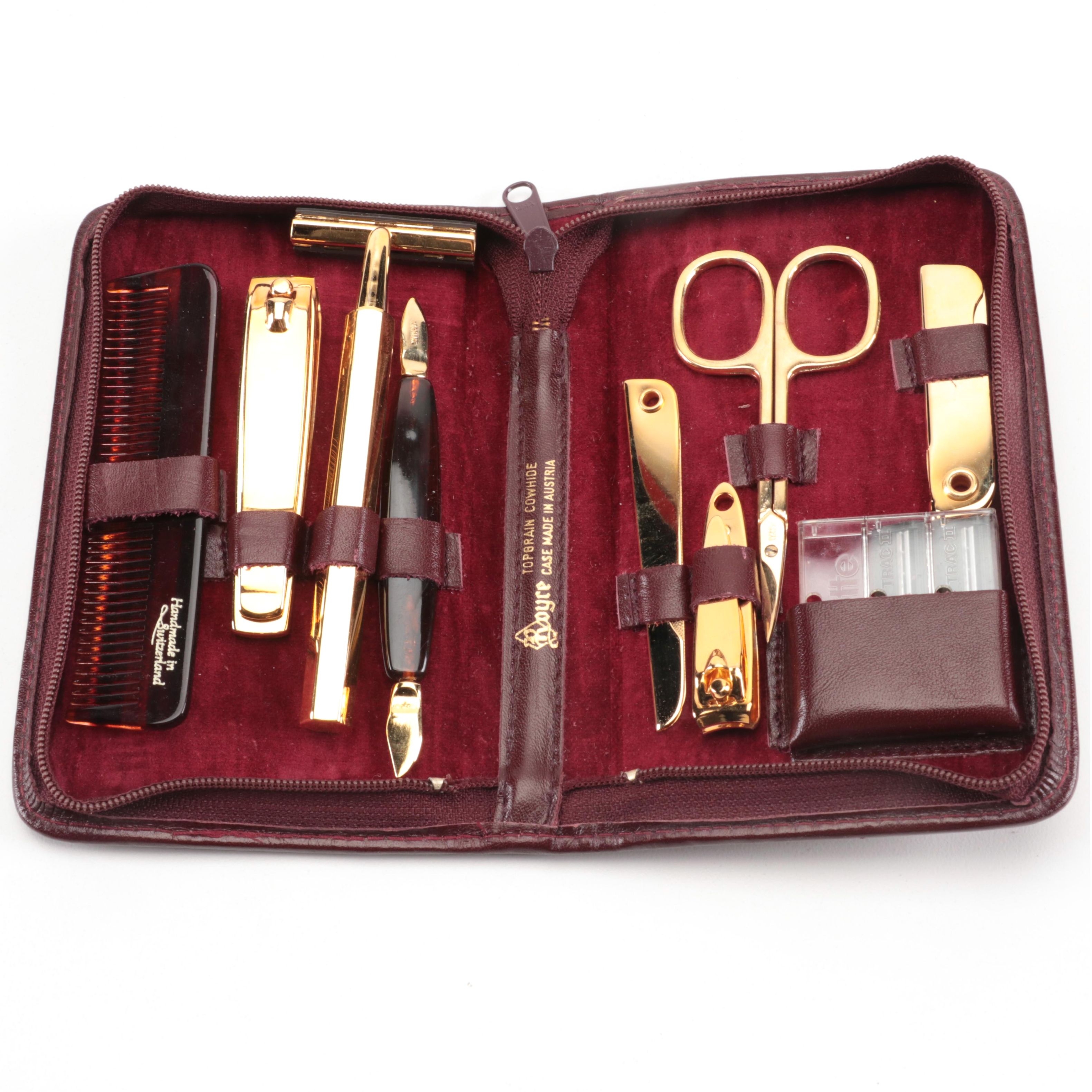 Royce Eight-Piece Manicure and Grooming Kit in Burgundy Leather Case