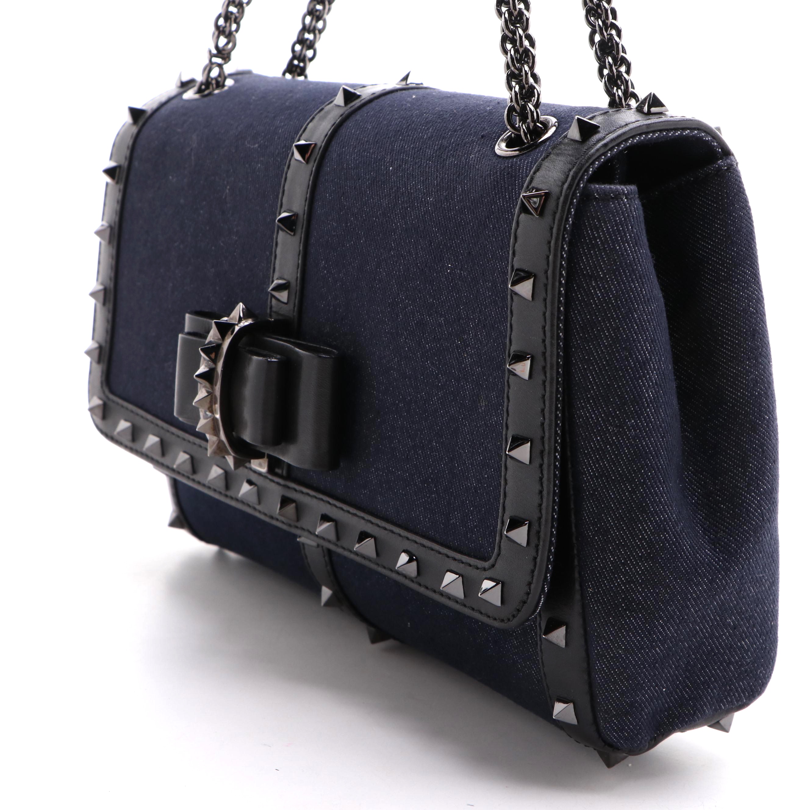 Christian Louboutin Sweet Charity Spike Studded Denim and Leather Shoulder Bag
