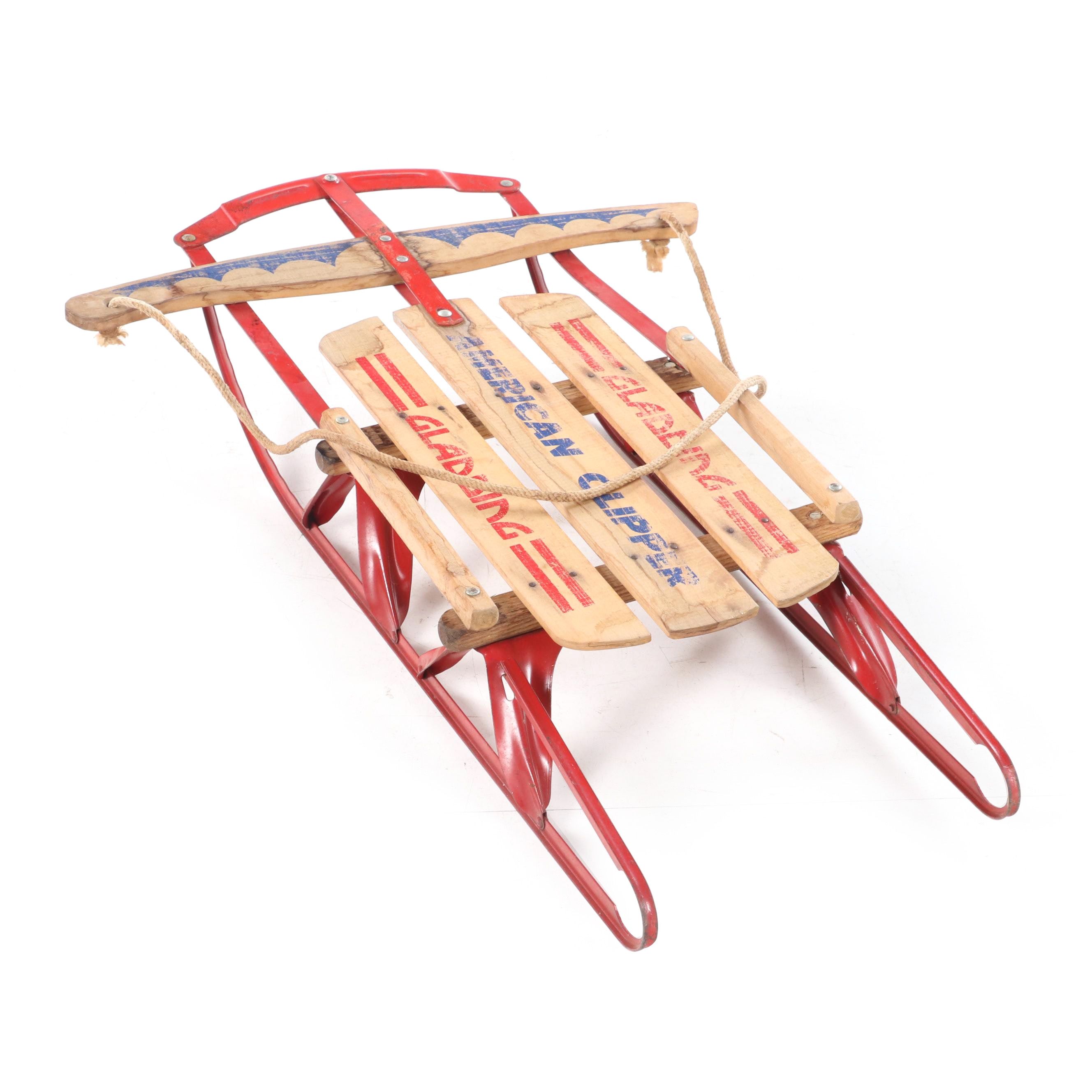 Gladding "American Clipper" Red-Painted Steel and Stenciled Wood Child's Sled