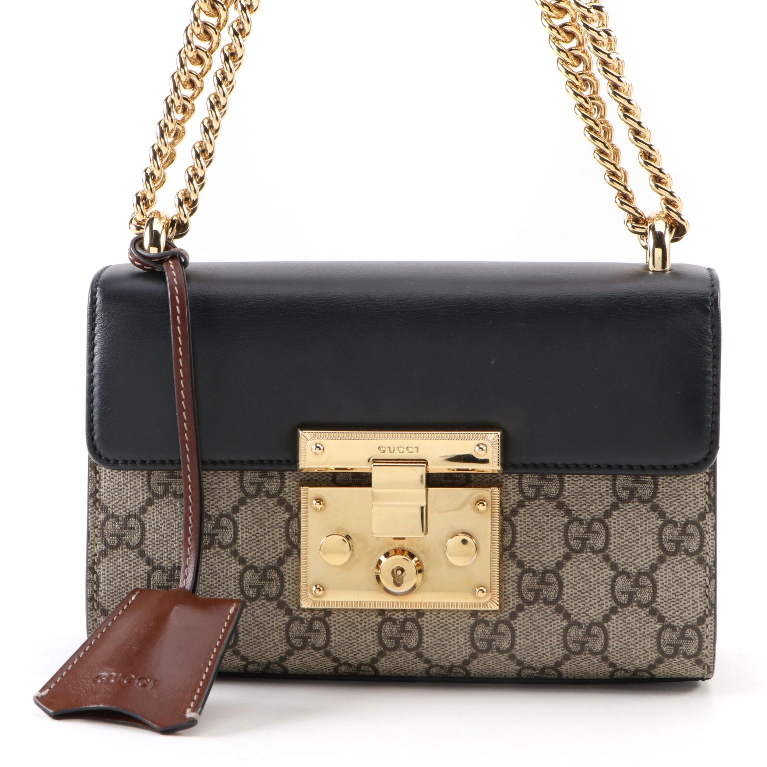 Gucci GG Supreme Small Padlock Shoulder Bag in Brown and Black Leather