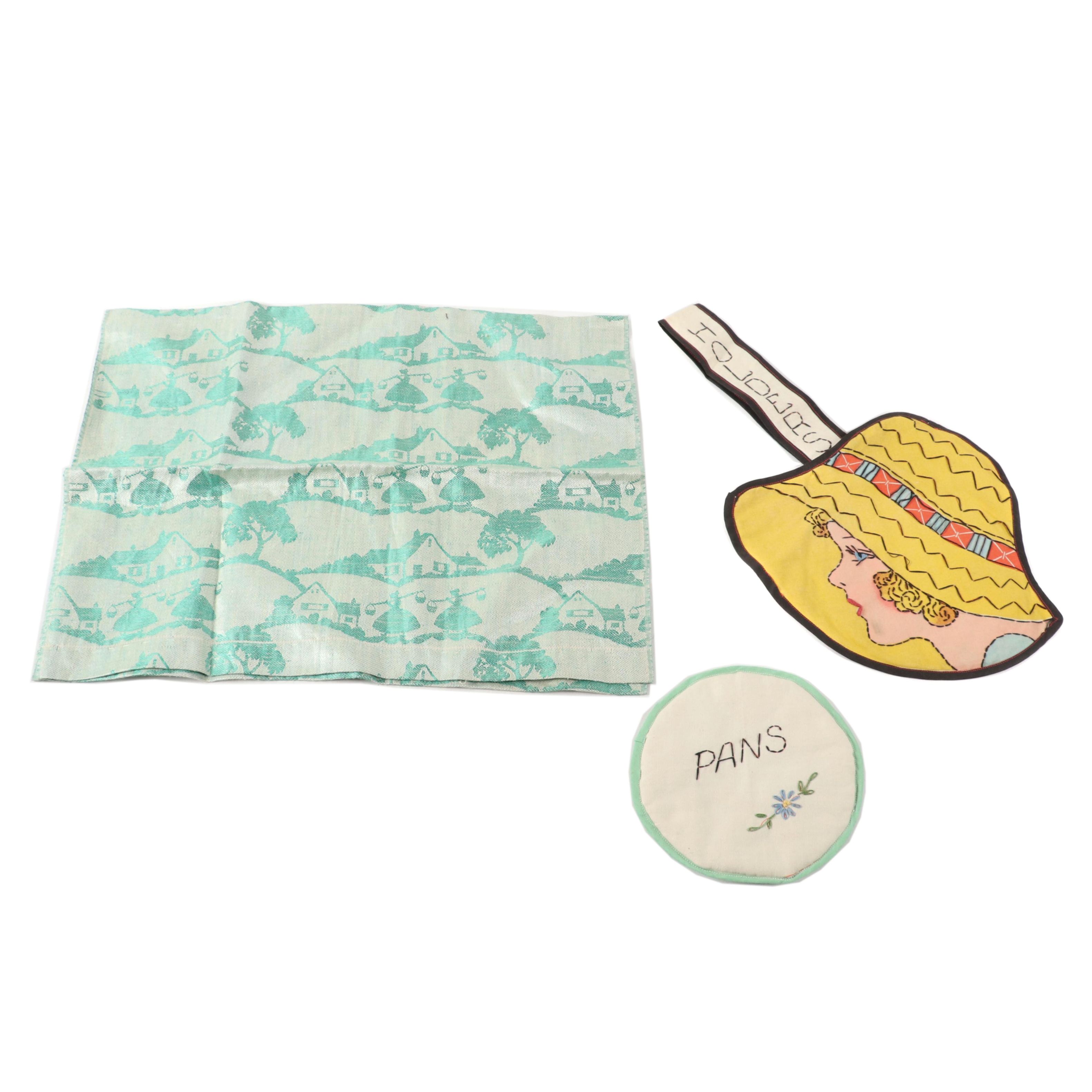 Embroidered Pot Holder Bag and Pot Holder with Jacquard Dish Towel