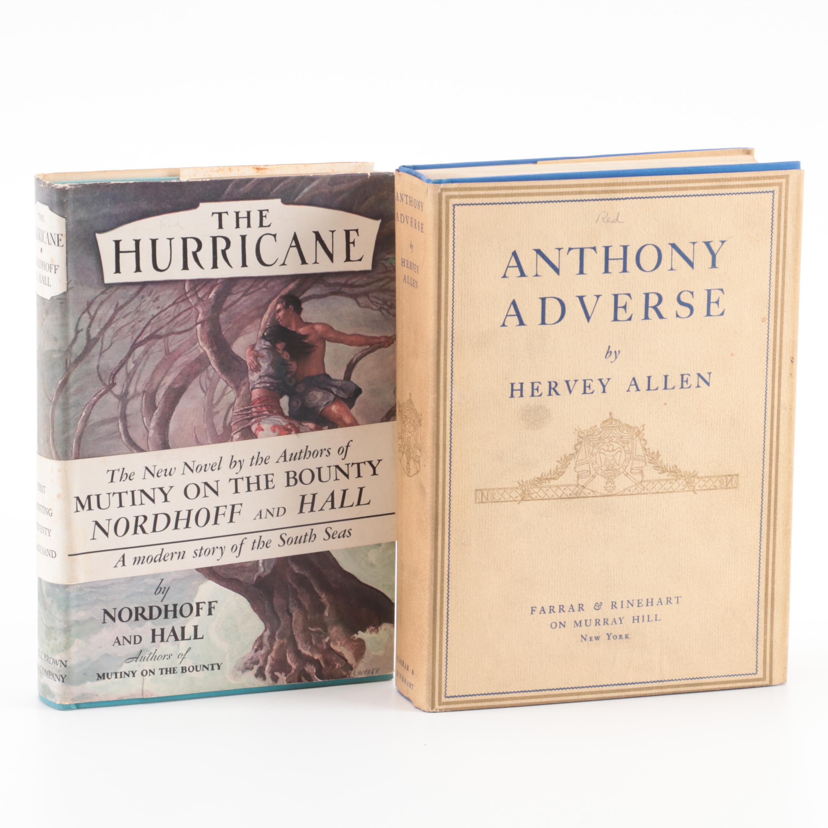 First Edition "Hurricane" by Nordhoff and Hall and "Anthony Adverse" by Allen