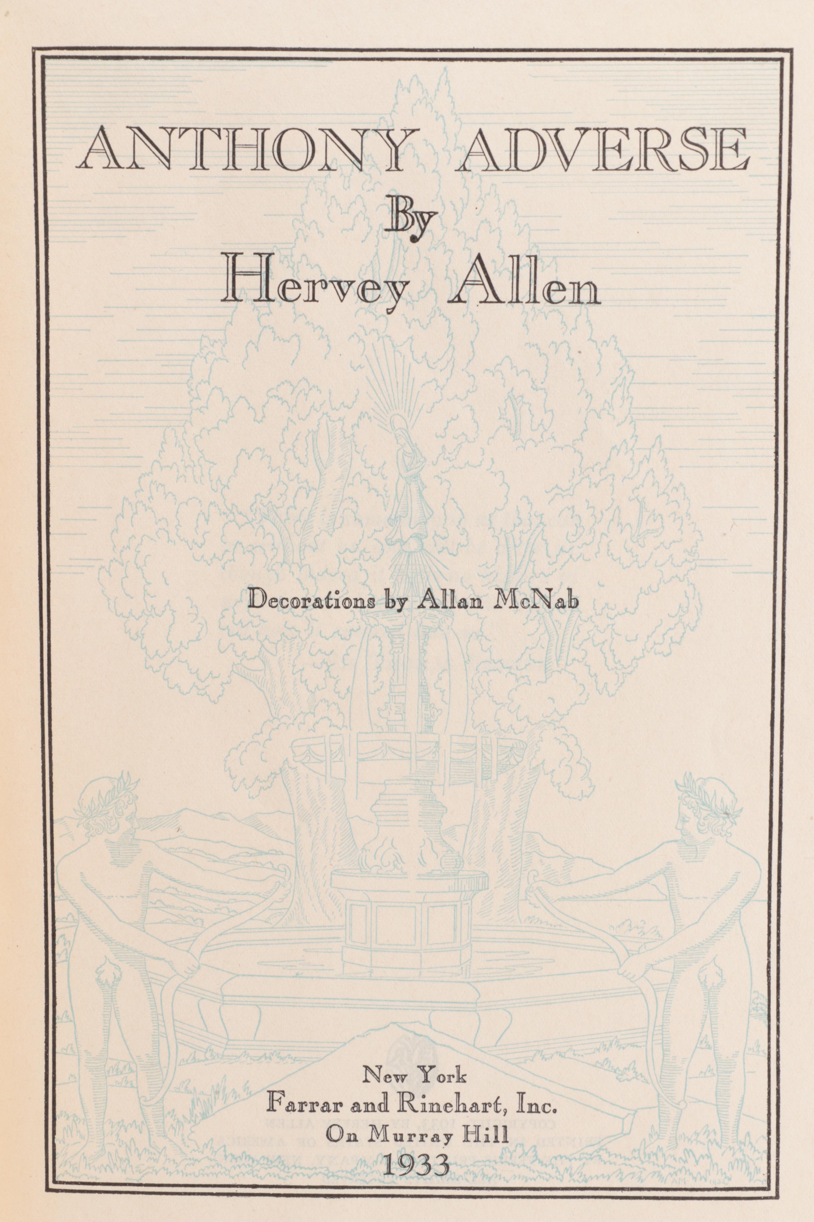 First Edition "Hurricane" by Nordhoff and Hall and "Anthony Adverse" by Allen