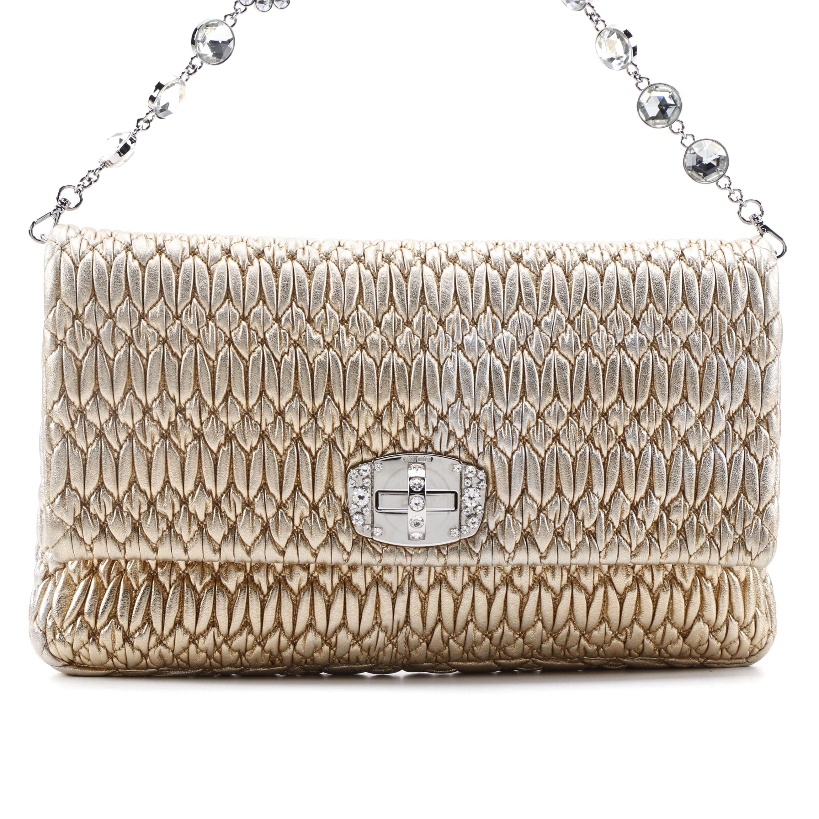 Miu Miu Crystal Metallic Matelassé Front Flap Shoulder Clutch