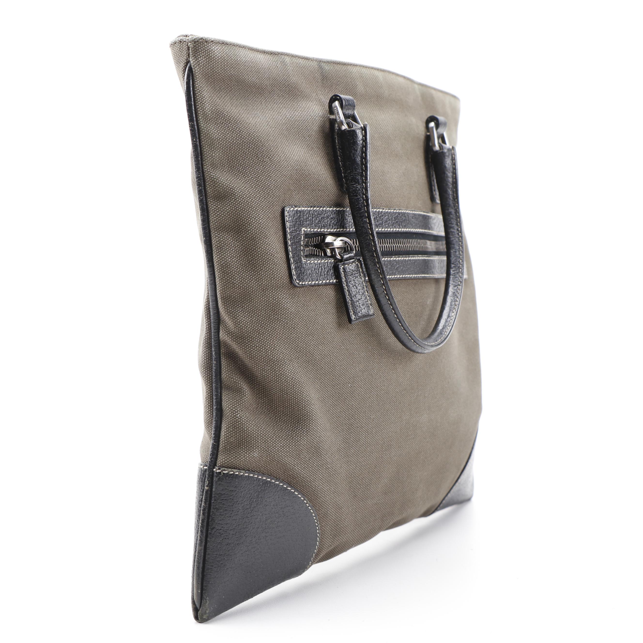 Prada Square Tote in Olive Canvas and Contrast Stitched Black Leather