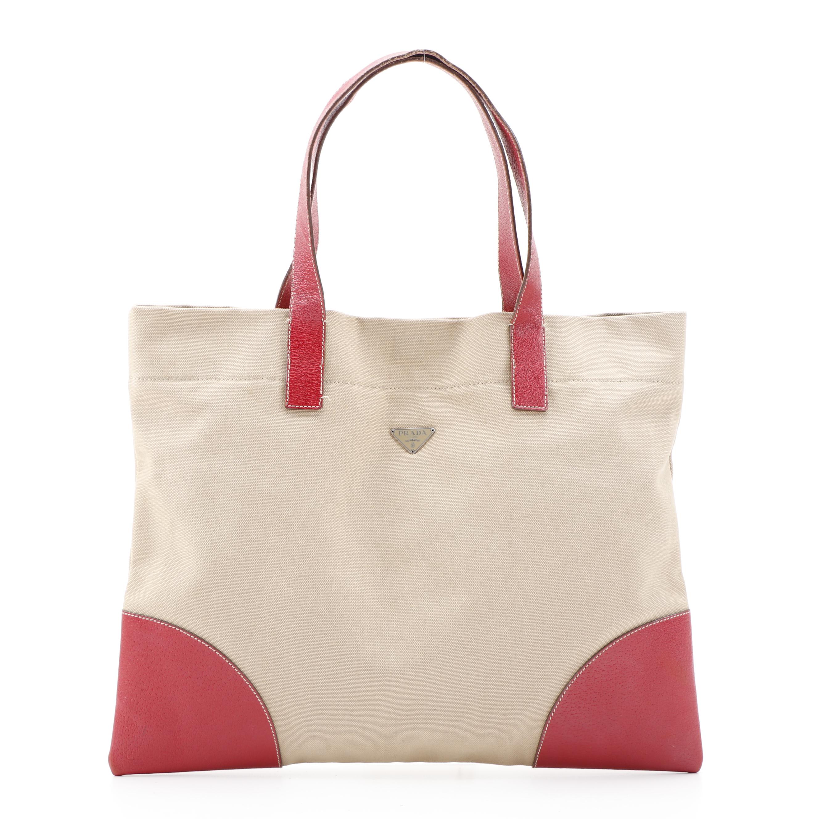 Prada Square Tote in Beige Canvas and Red Leather