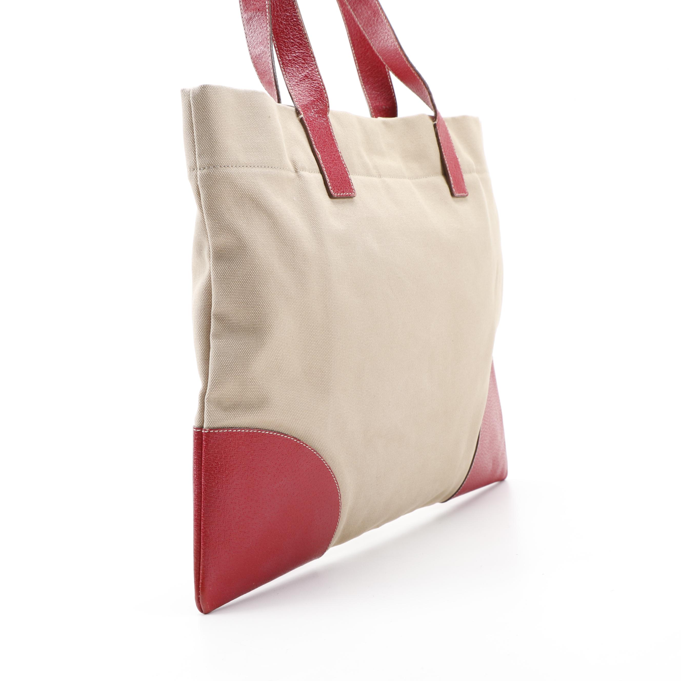 Prada Square Tote in Beige Canvas and Red Leather