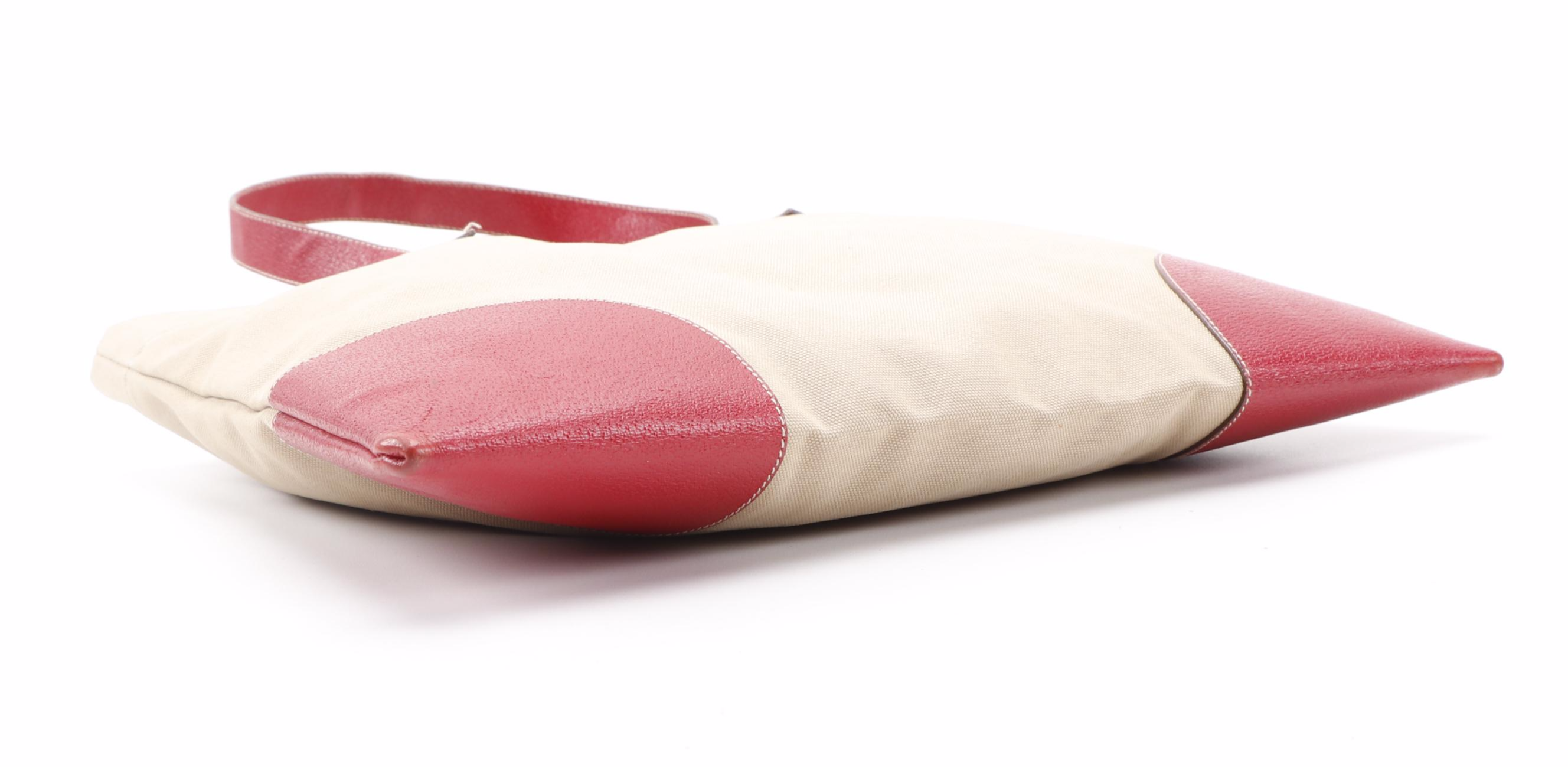 Prada Square Tote in Beige Canvas and Red Leather