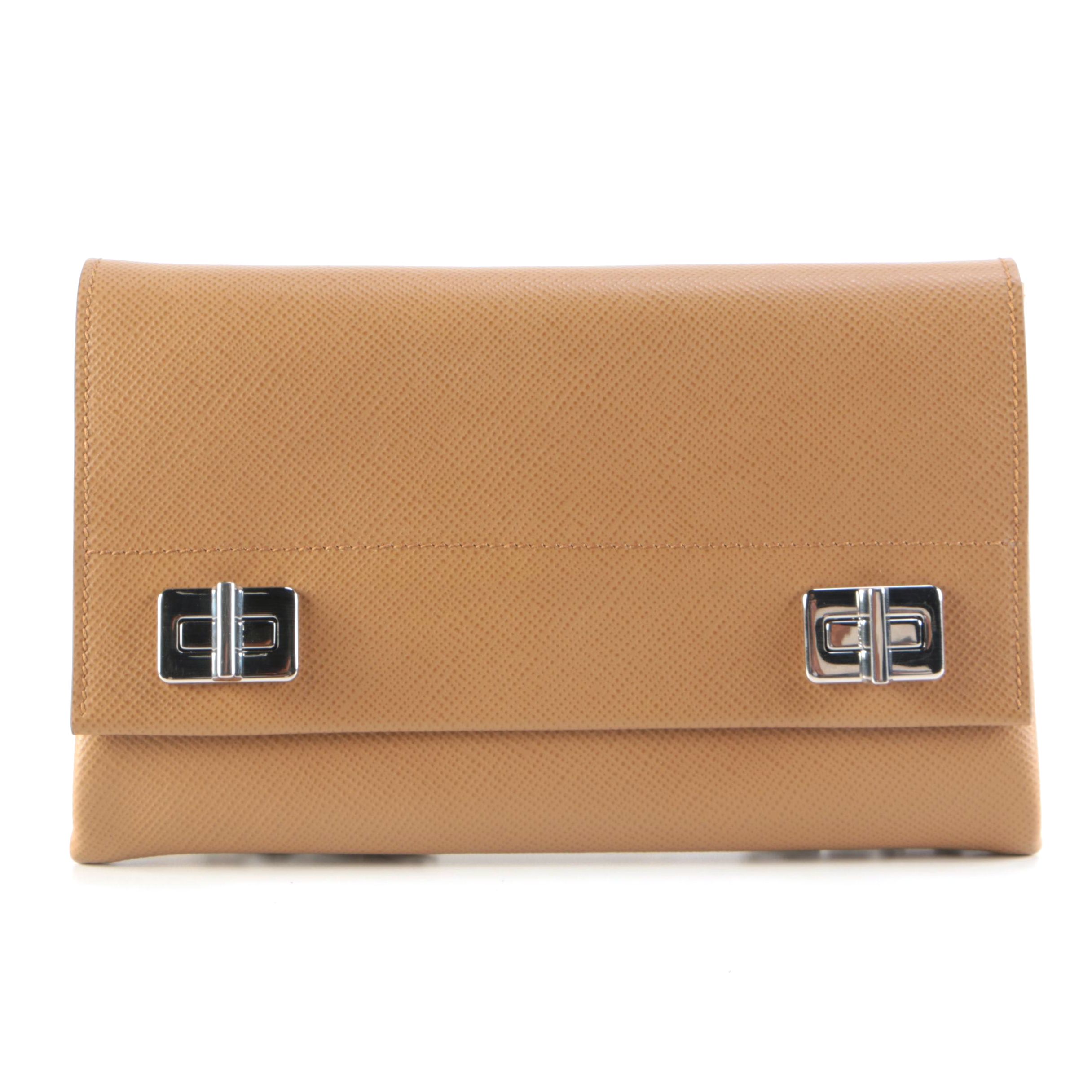 Prada Double Turn Lock Shoulder Bag in Brown Saffiano Leather with Chain Strap