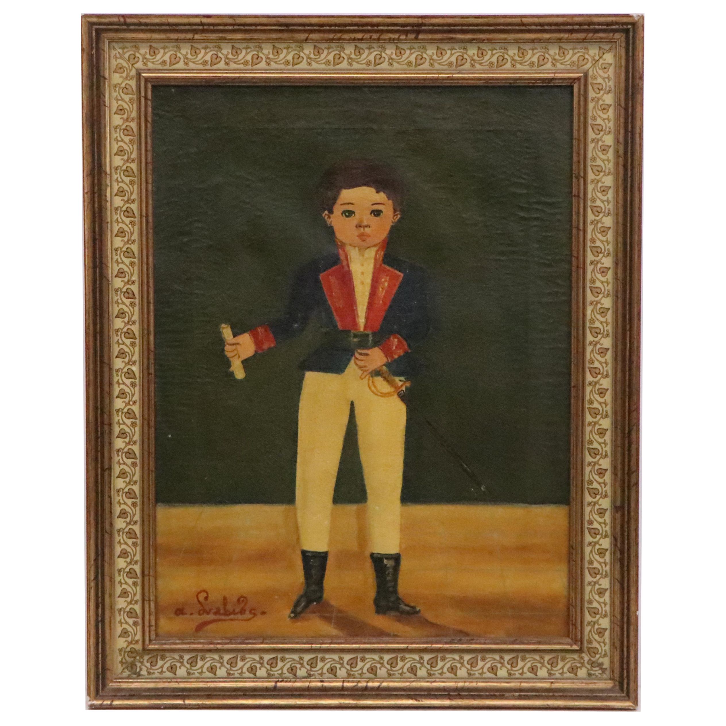 Agapito Labios Folk Art Painting of a Boy in Uniform, Early 20th Century