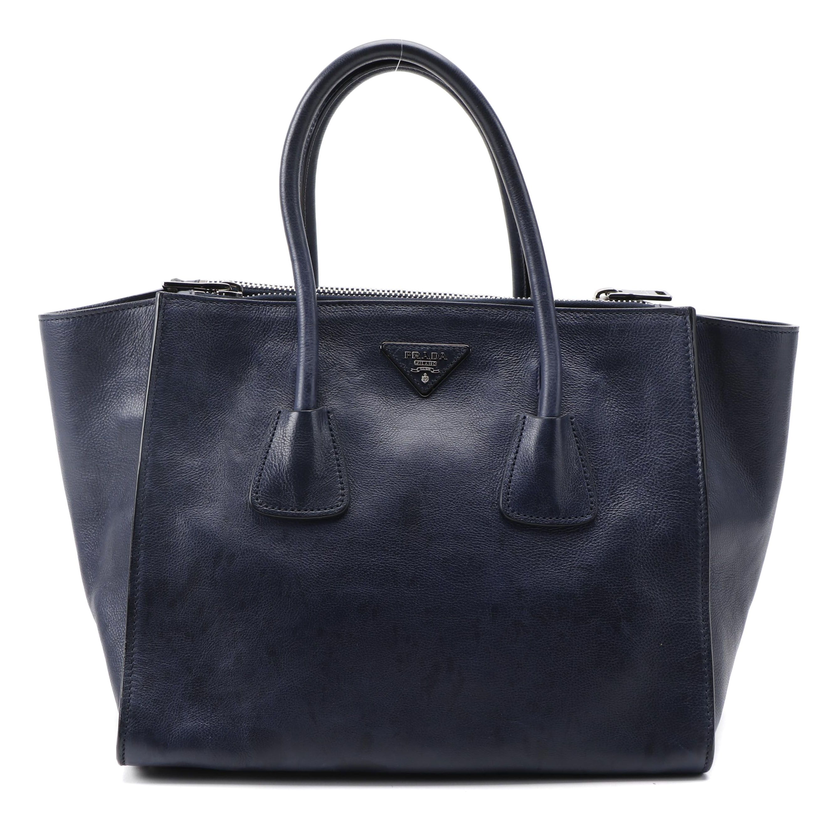 Prada Twin Pocket Tote Bag in Navy Calfskin Leather
