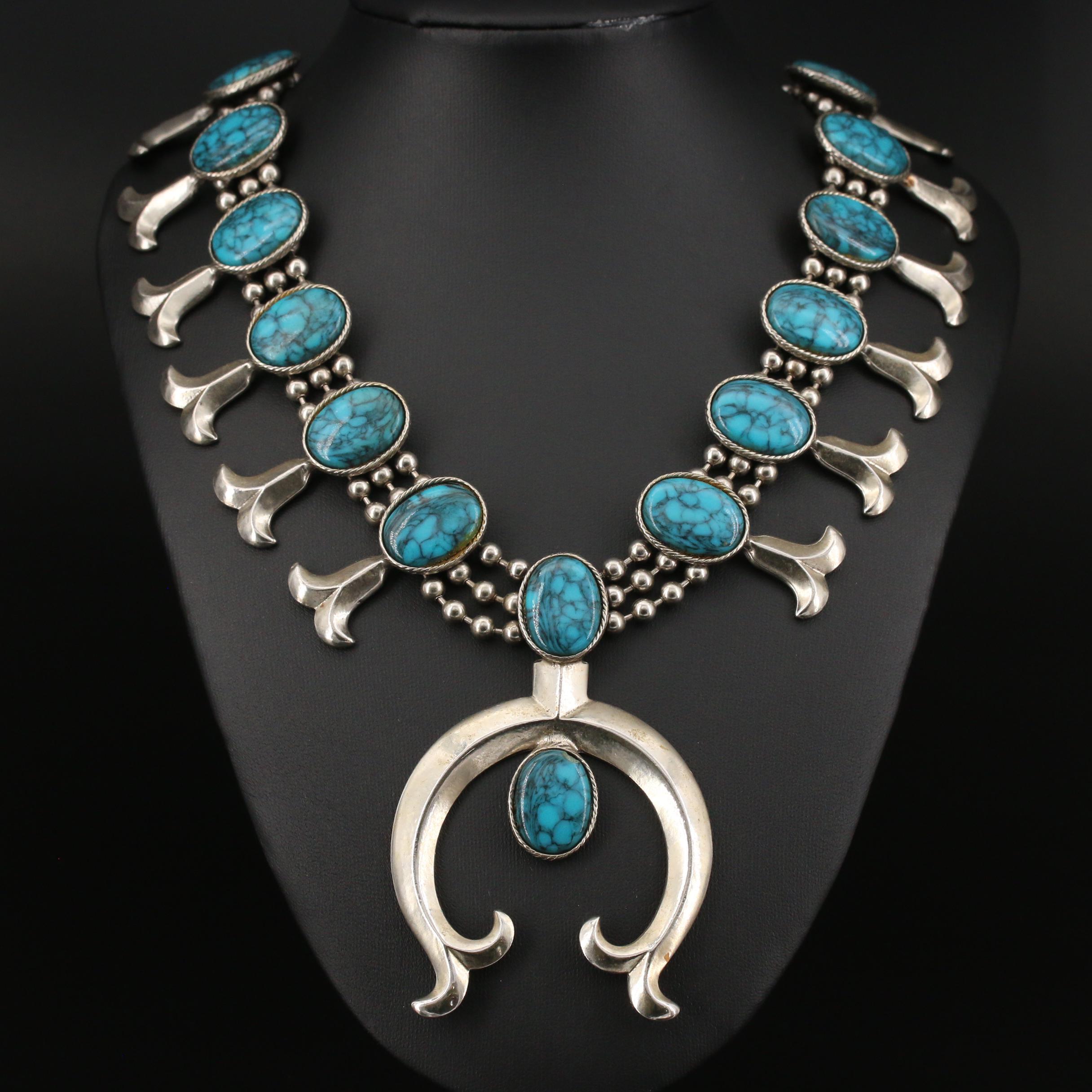 Vintage Goldette Faux Turquoise Squash Blossom Necklace