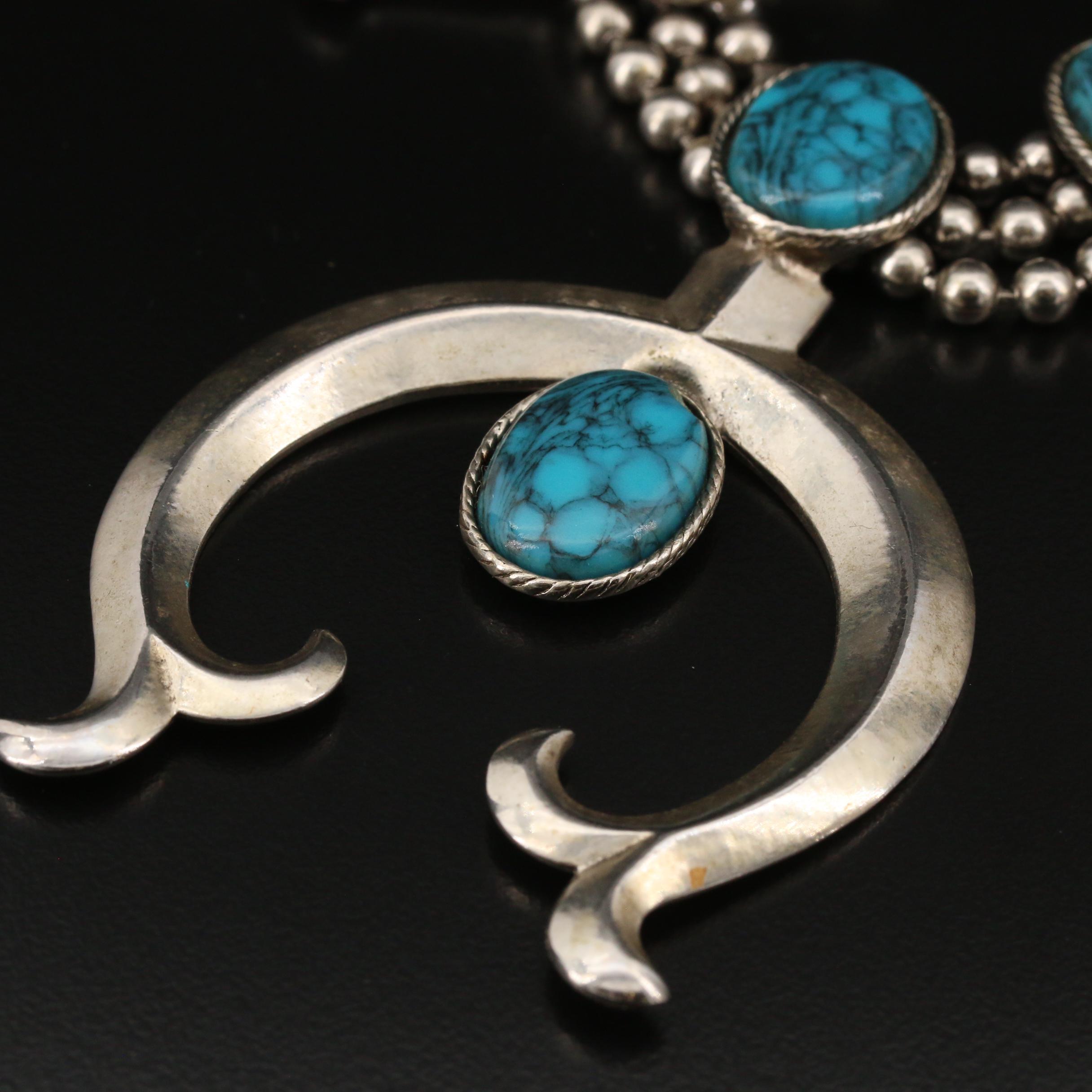 Vintage Goldette Faux Turquoise Squash Blossom Necklace