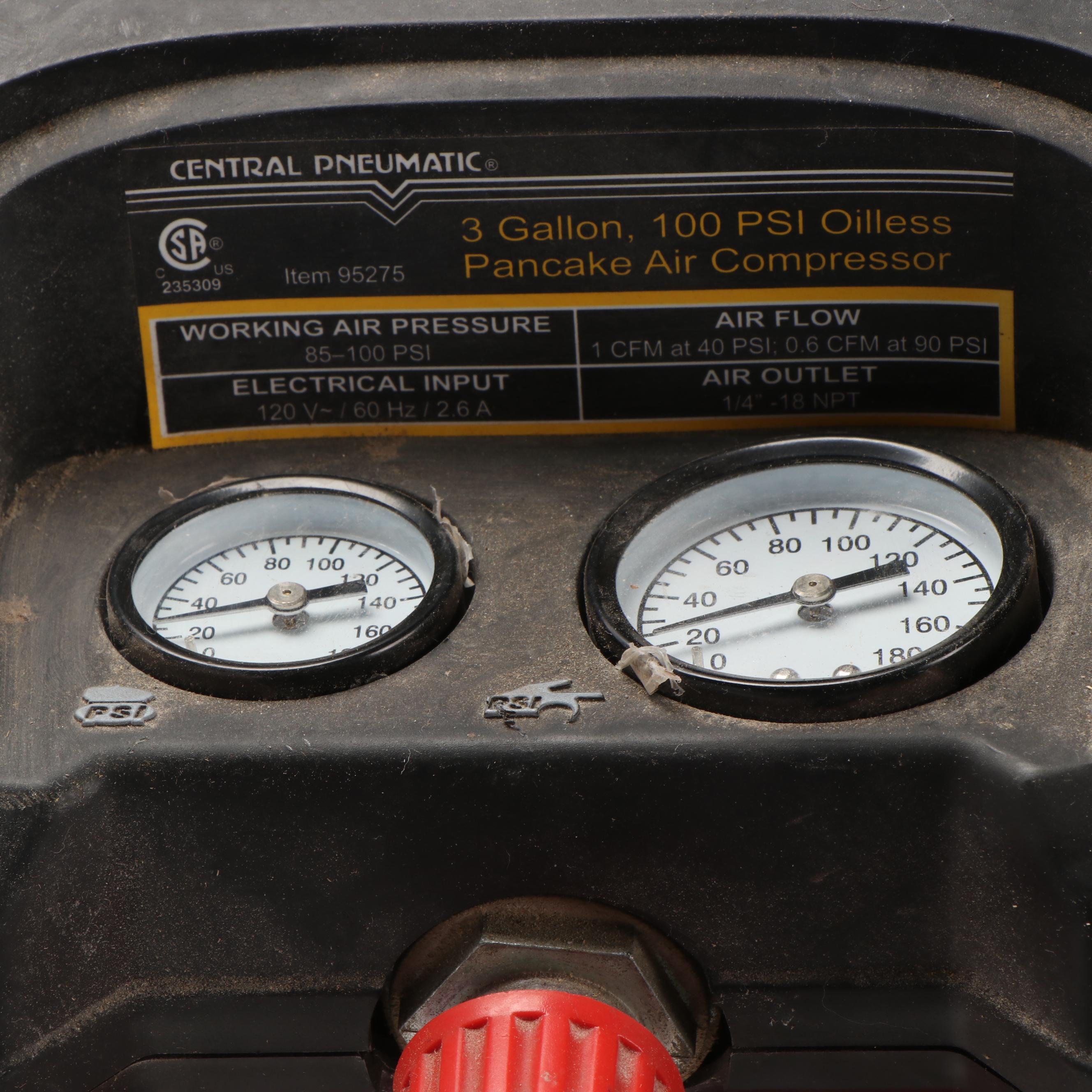 Central Pneumatic 3 Gallon, 100 PSI Oilless Pancake Air Compressor