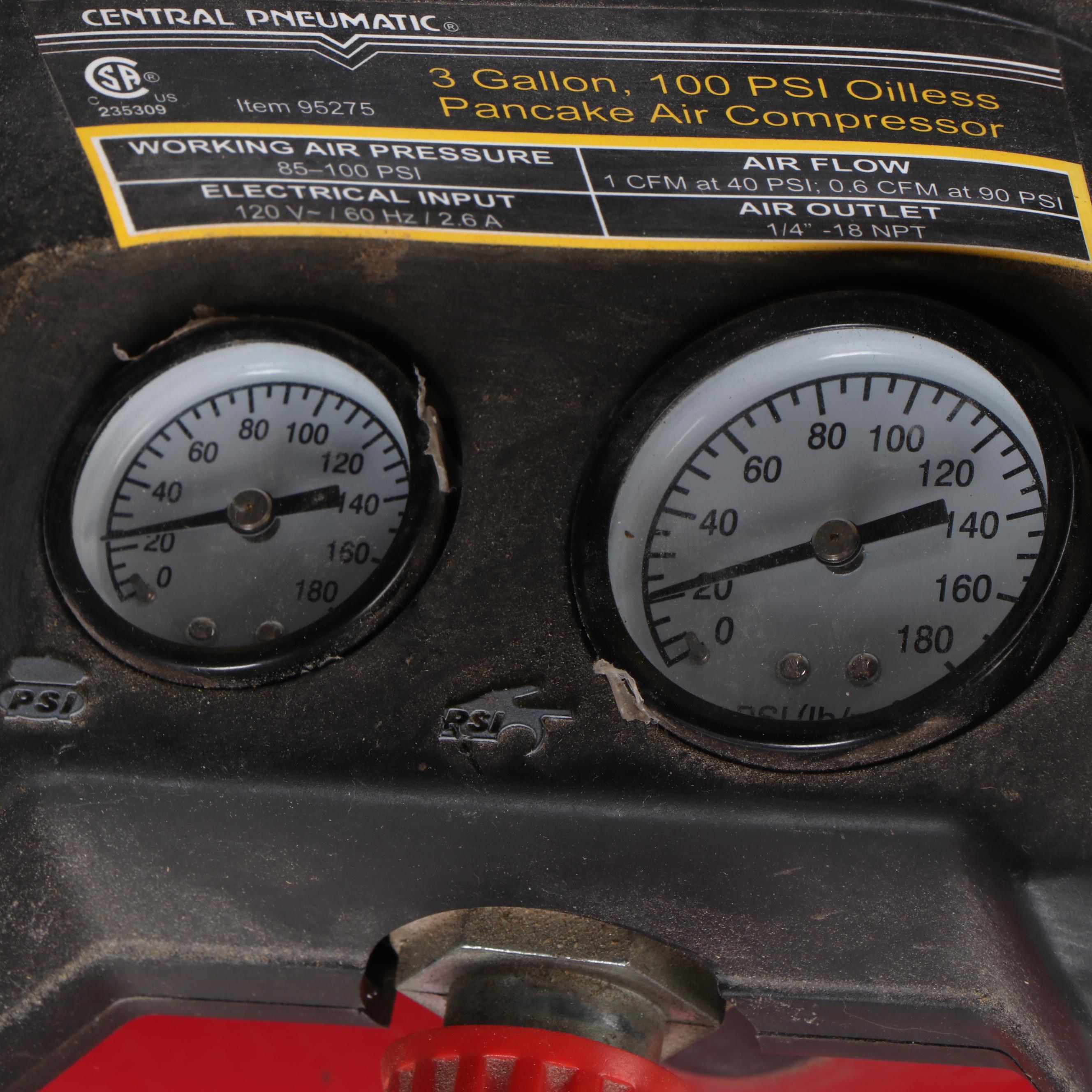 Central Pneumatic 3 Gallon, 100 PSI Oilless Pancake Air Compressor