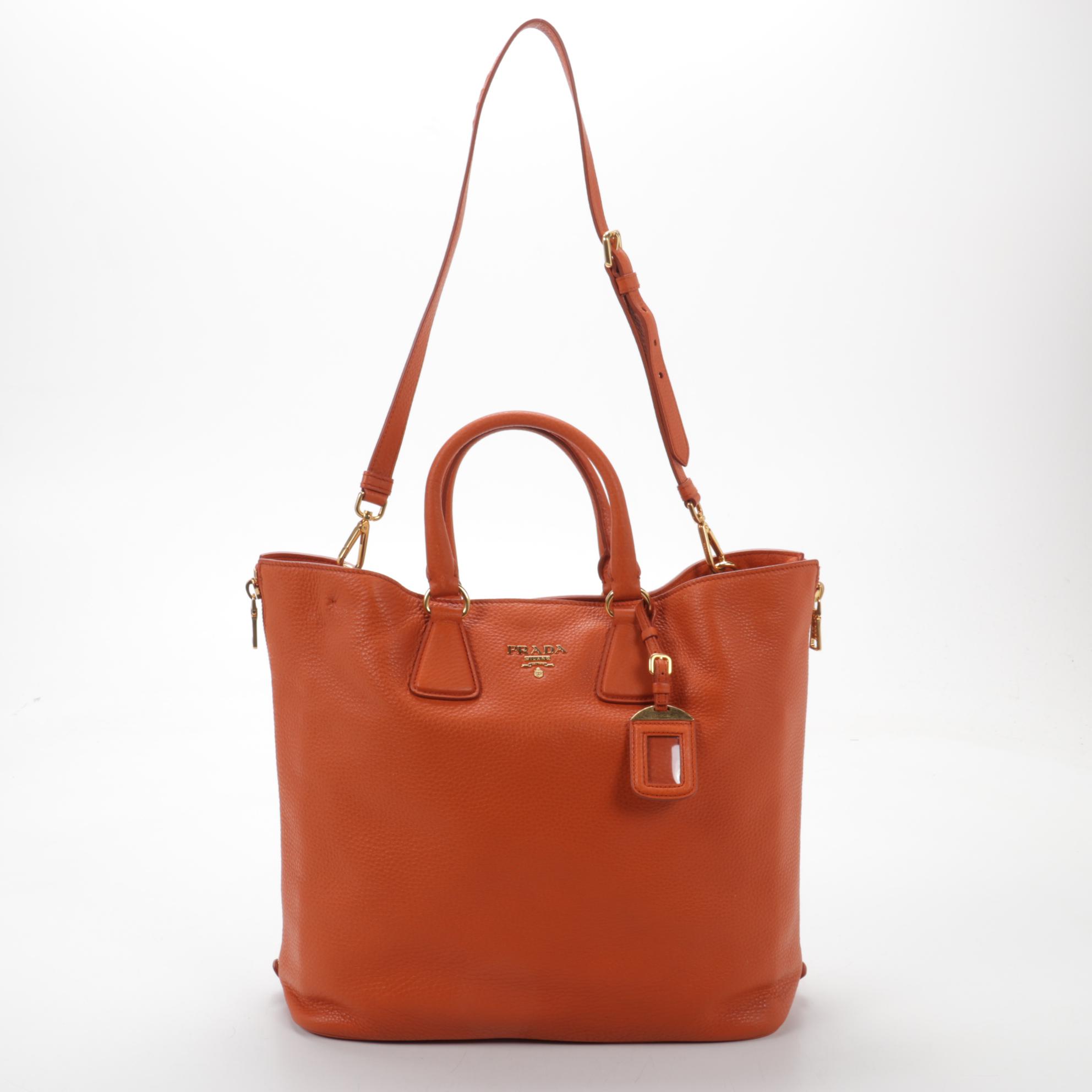 Prada  Large Side Zip Convertible Tote in Orange Vitello Daino Leather