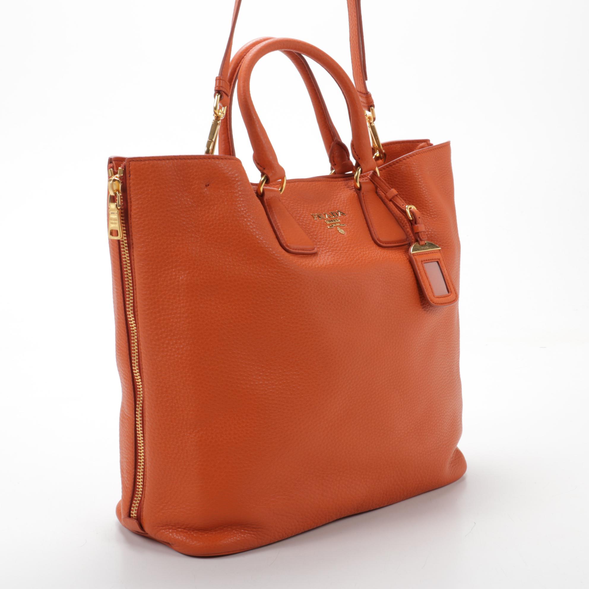 Prada  Large Side Zip Convertible Tote in Orange Vitello Daino Leather