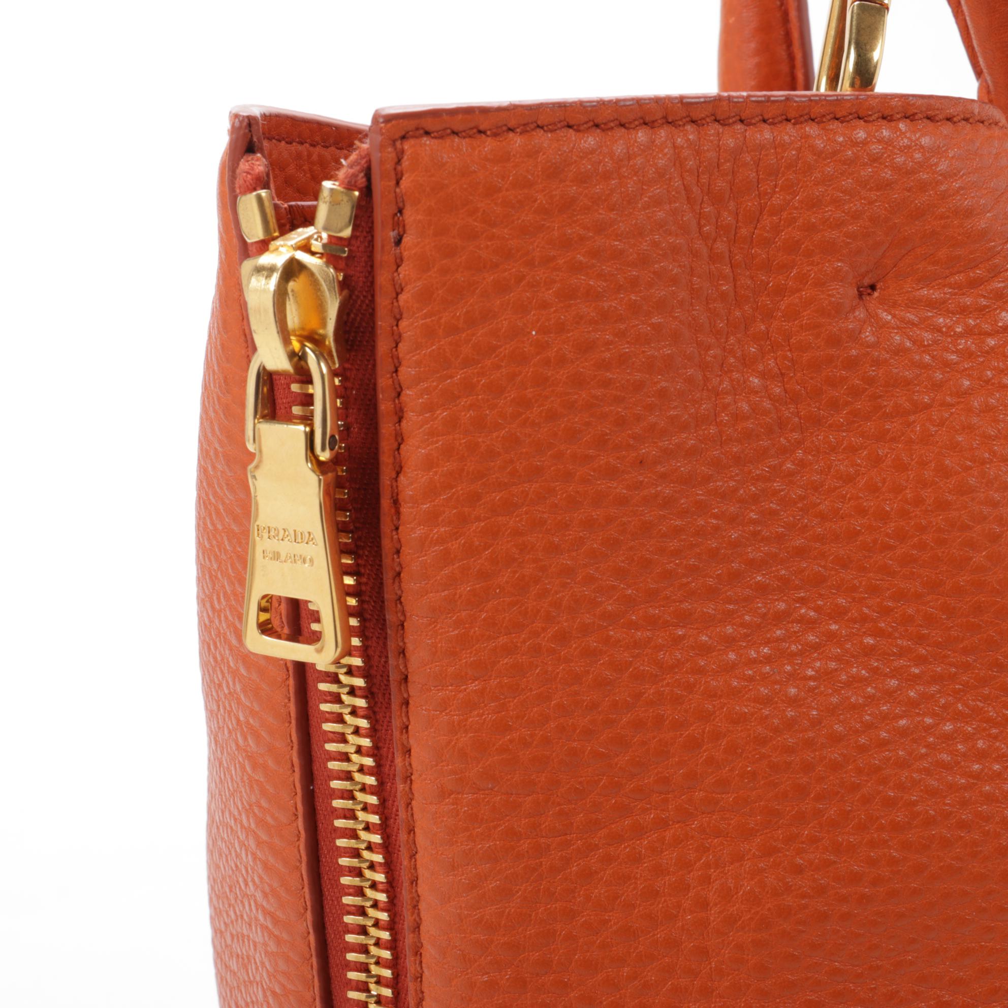 Prada  Large Side Zip Convertible Tote in Orange Vitello Daino Leather