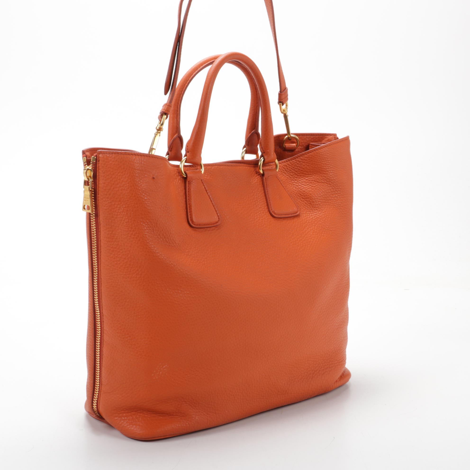 Prada  Large Side Zip Convertible Tote in Orange Vitello Daino Leather