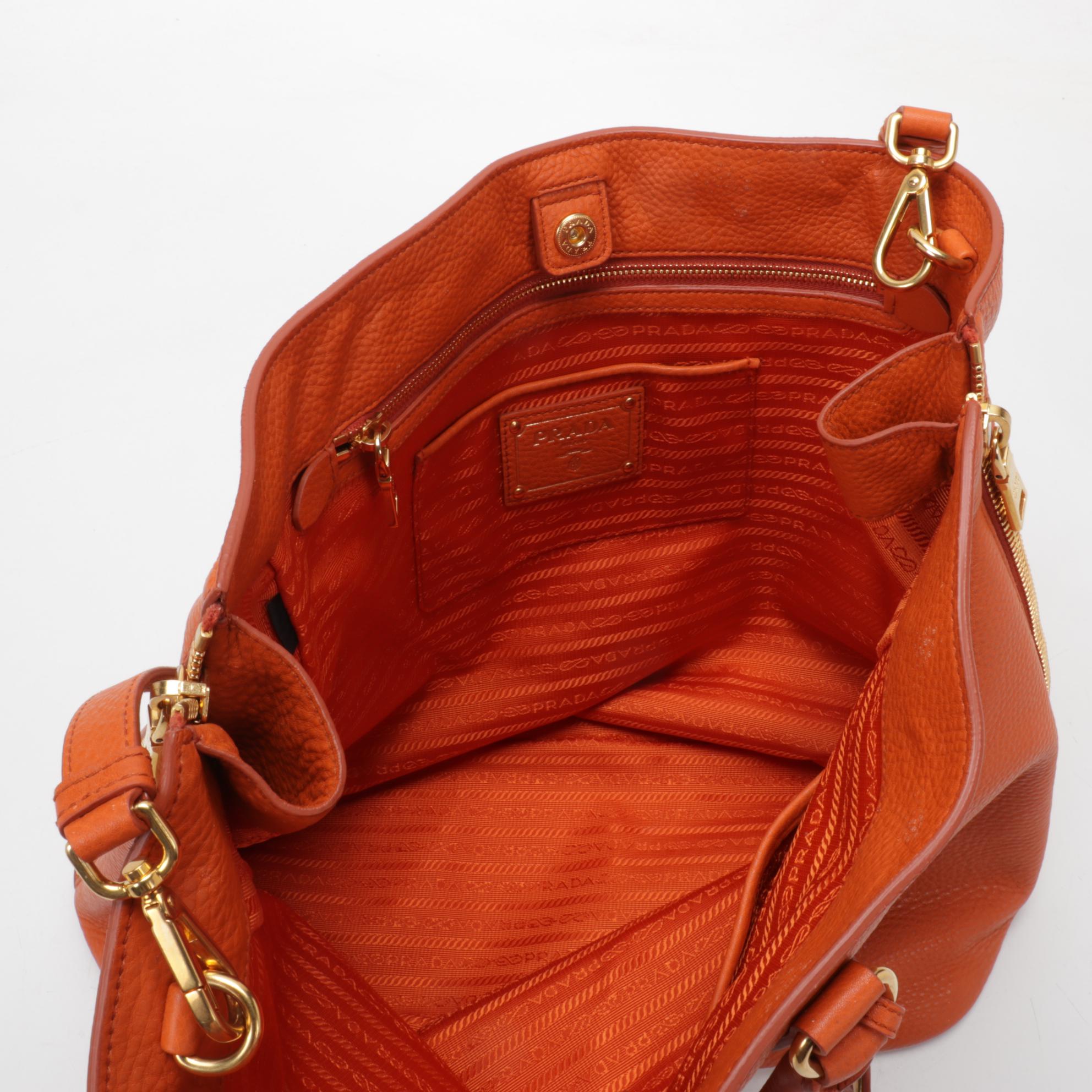 Prada  Large Side Zip Convertible Tote in Orange Vitello Daino Leather