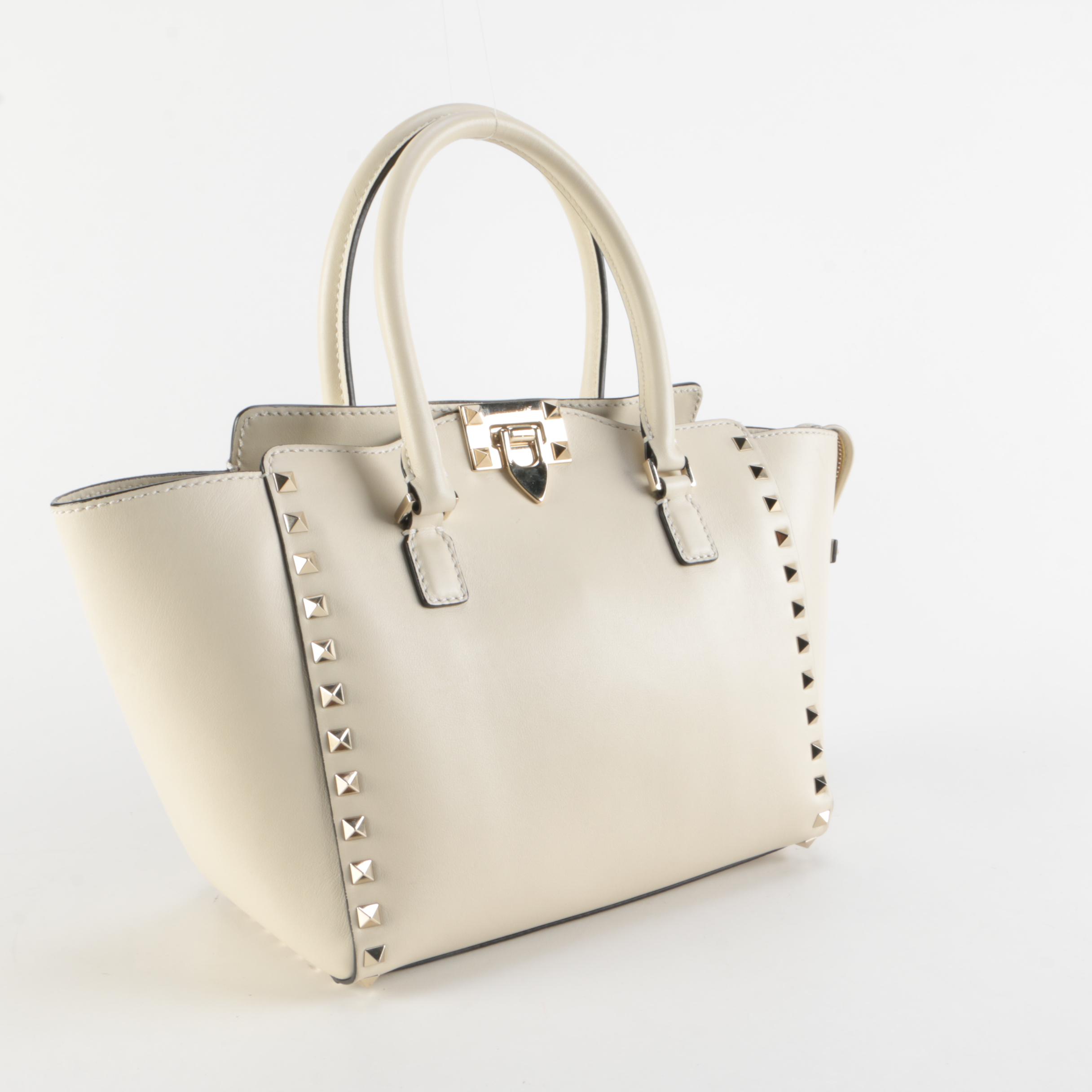 Valentino Rockstud Rigid Leather Two-Way Tote in Ivory
