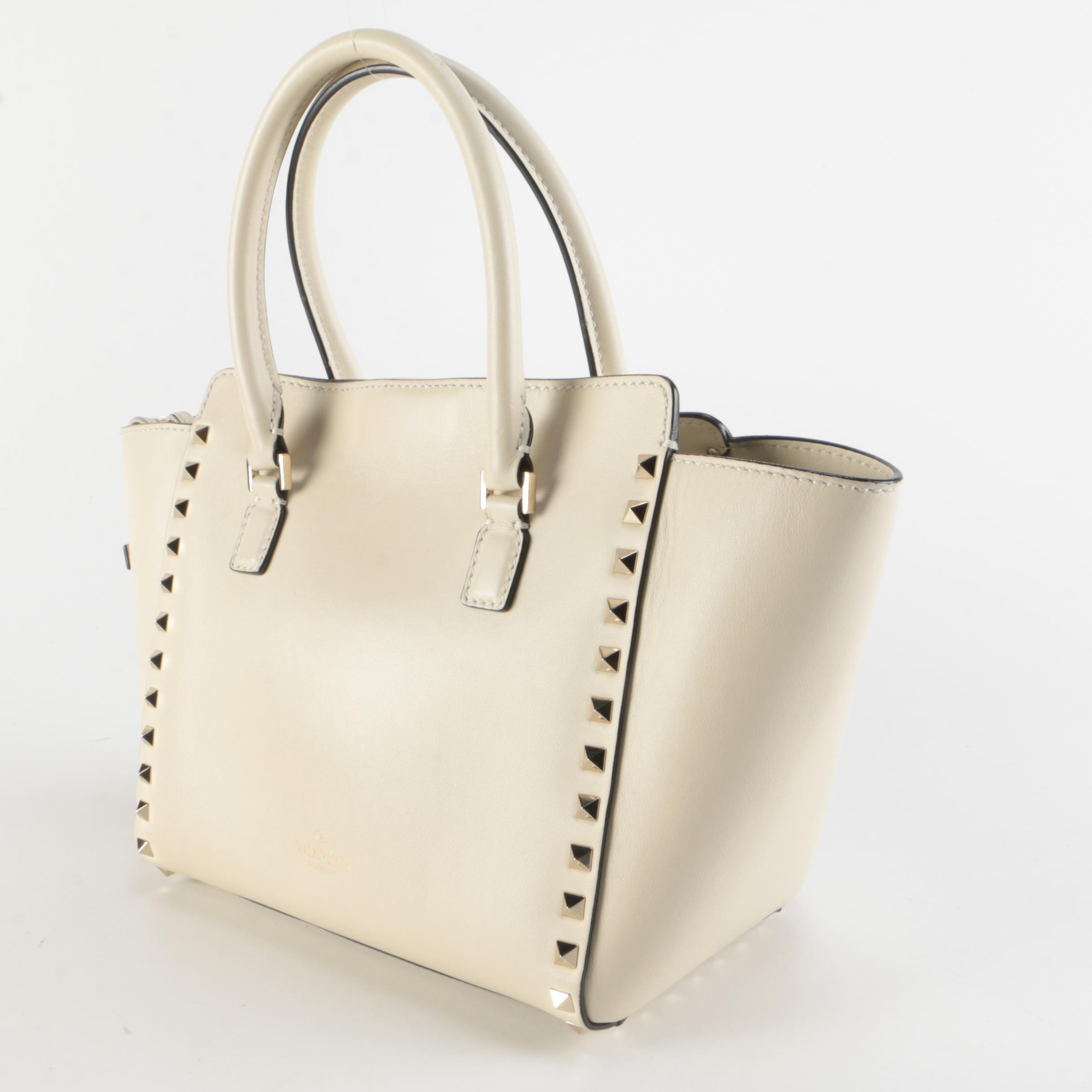 Valentino Rockstud Rigid Leather Two-Way Tote in Ivory