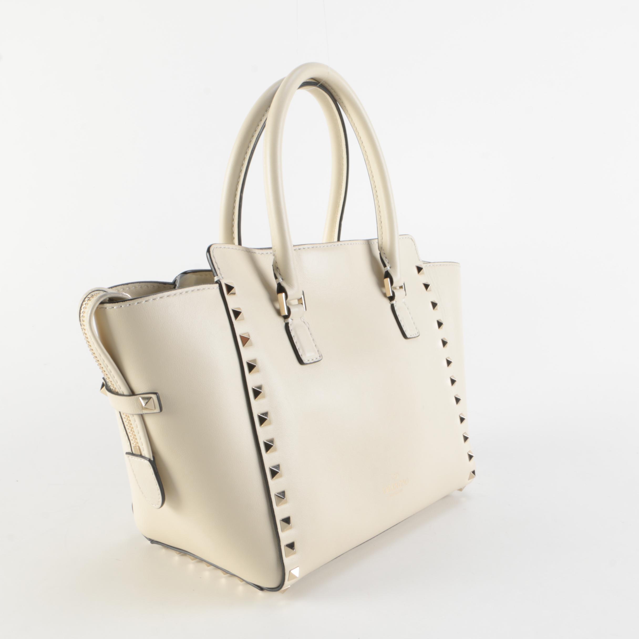Valentino Rockstud Rigid Leather Two-Way Tote in Ivory