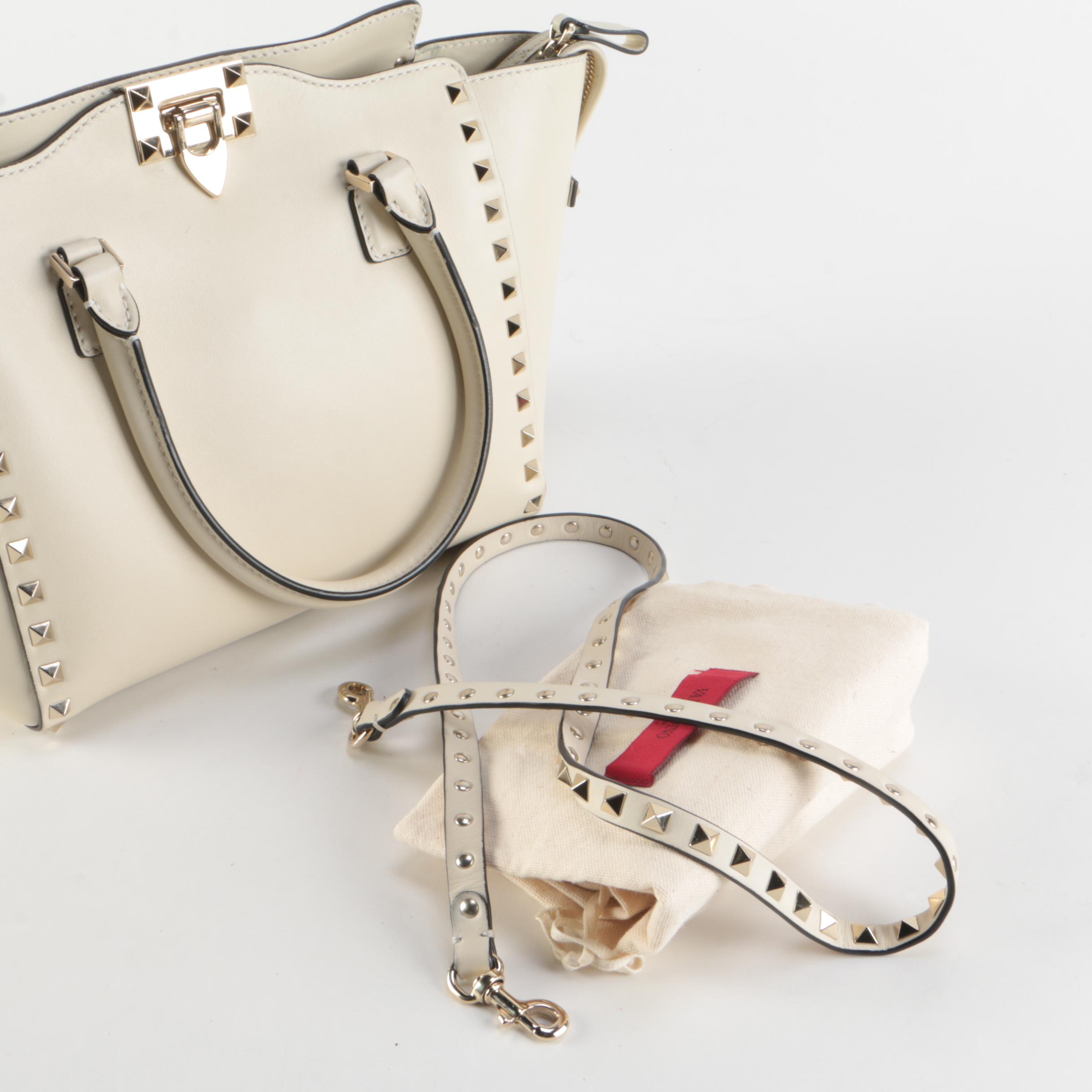 Valentino Rockstud Rigid Leather Two-Way Tote in Ivory
