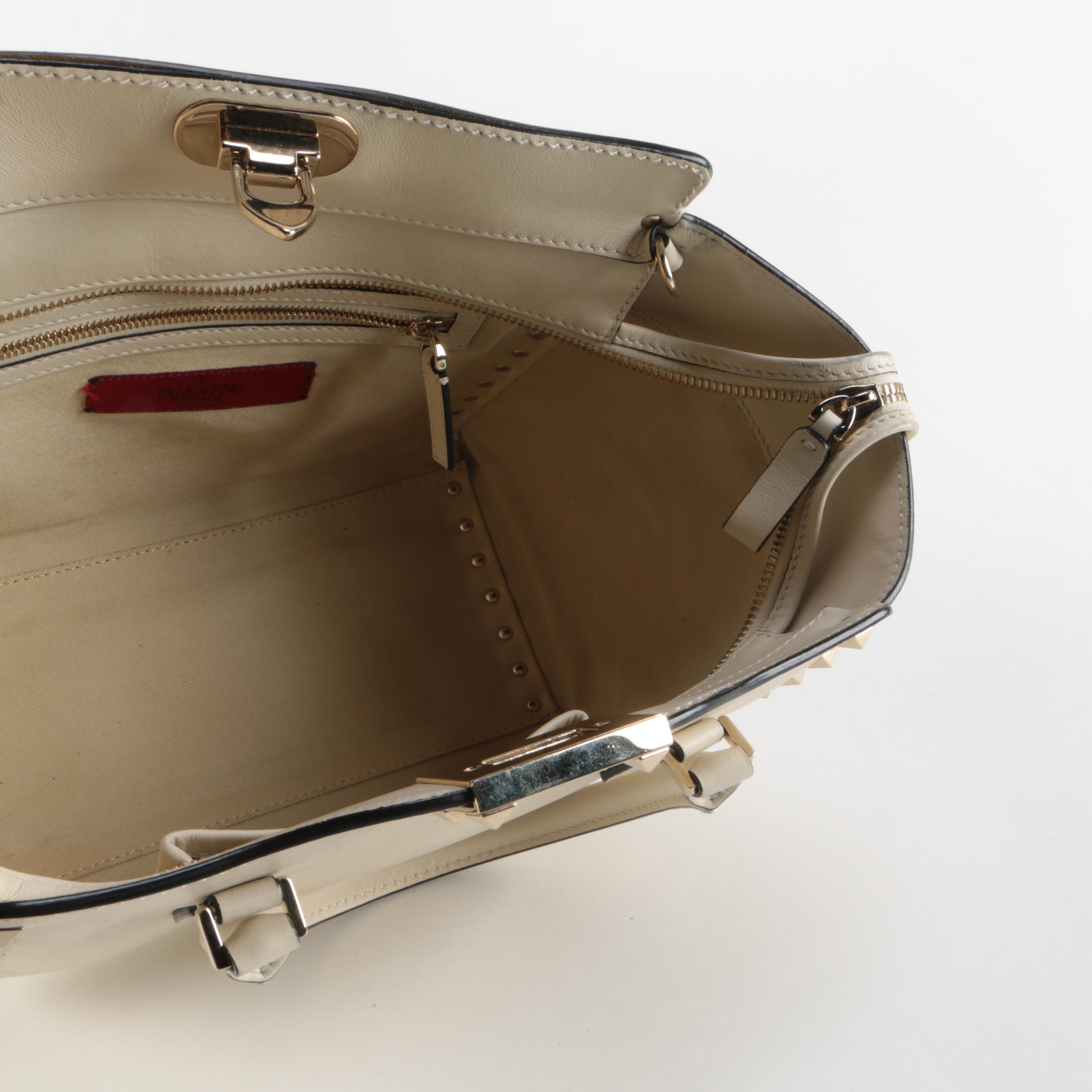 Valentino Rockstud Rigid Leather Two-Way Tote in Ivory