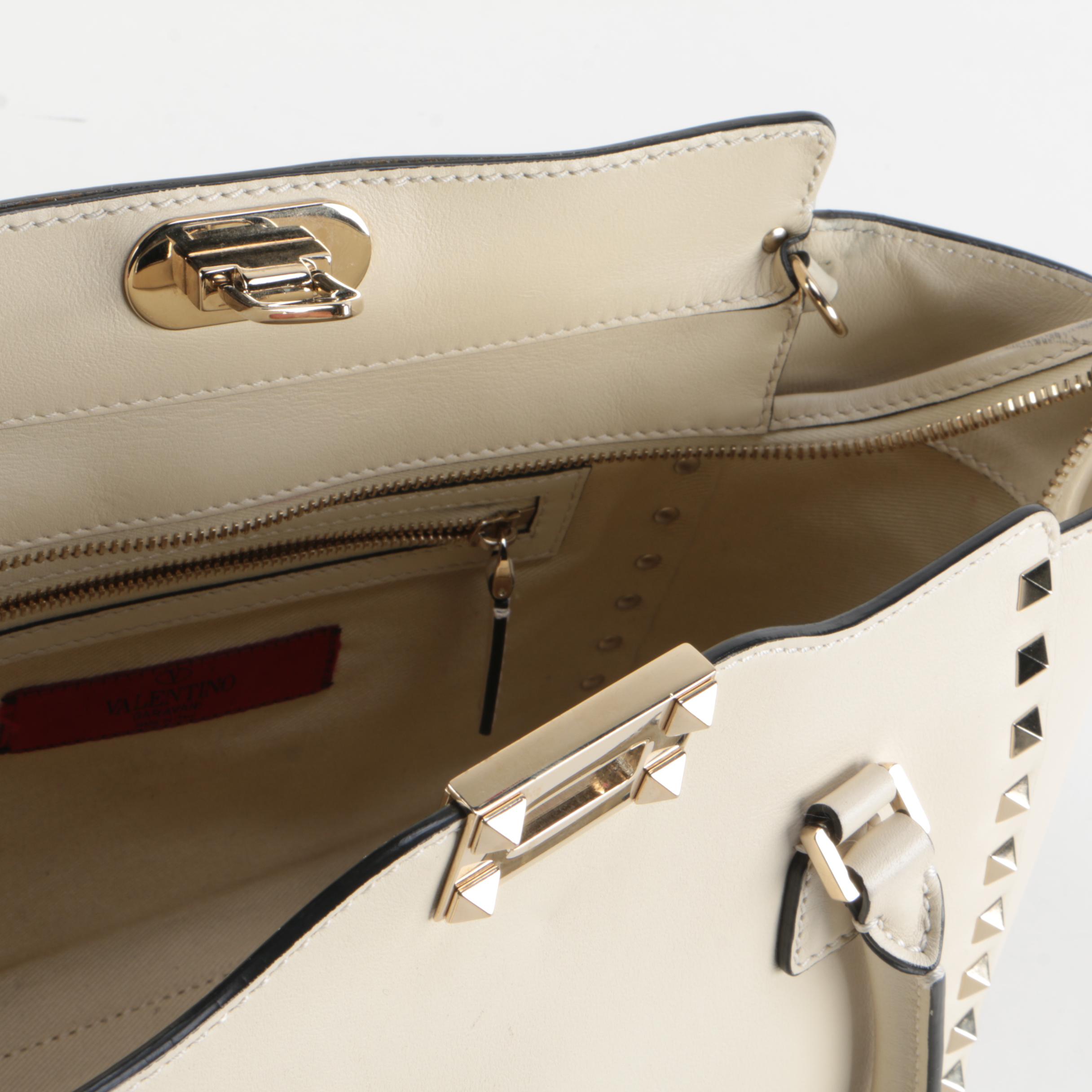 Valentino Rockstud Rigid Leather Two-Way Tote in Ivory
