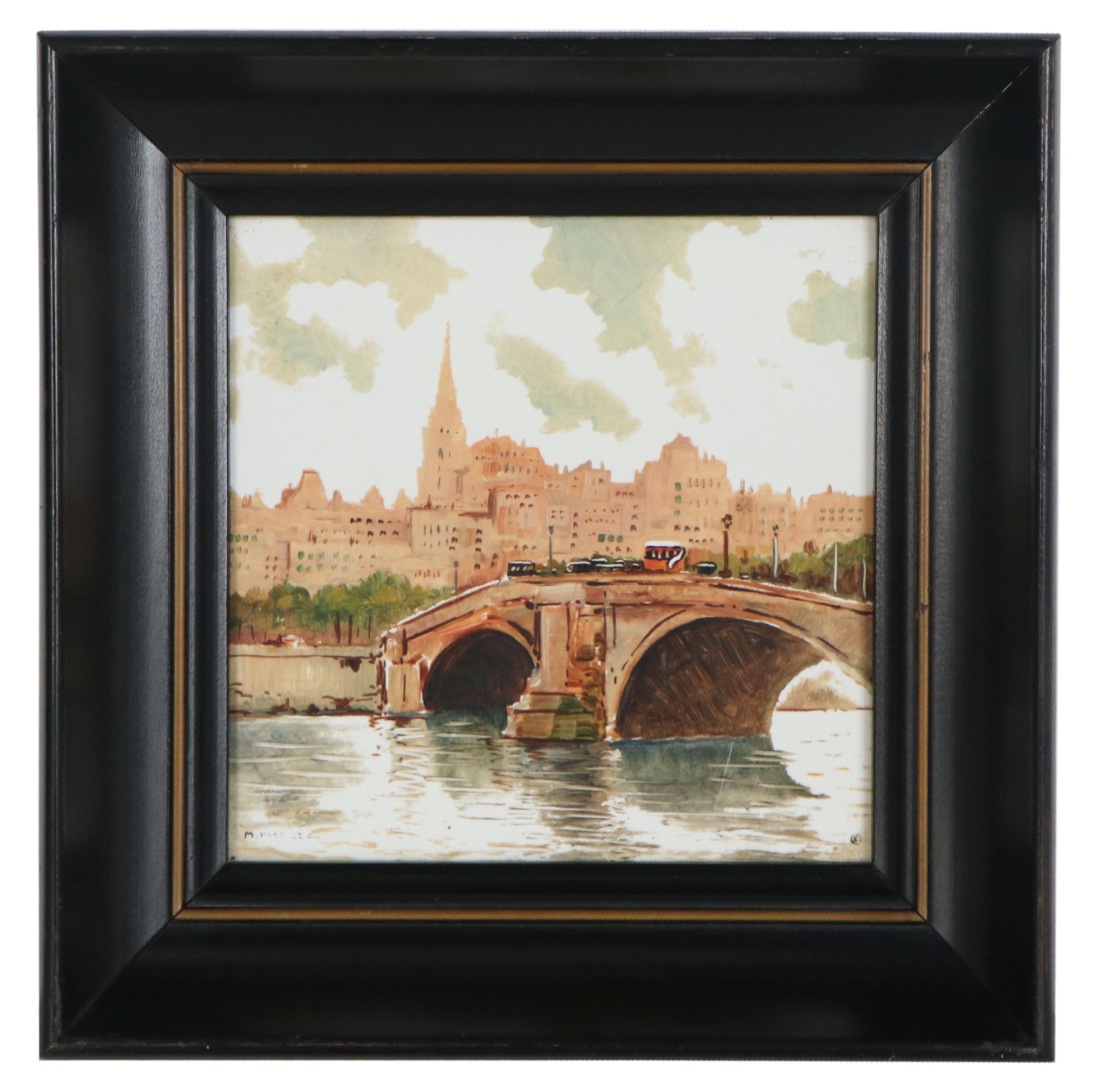 Mario Maresca Oil Painting on Tile of Parisian Bridge, Mid-20th Century