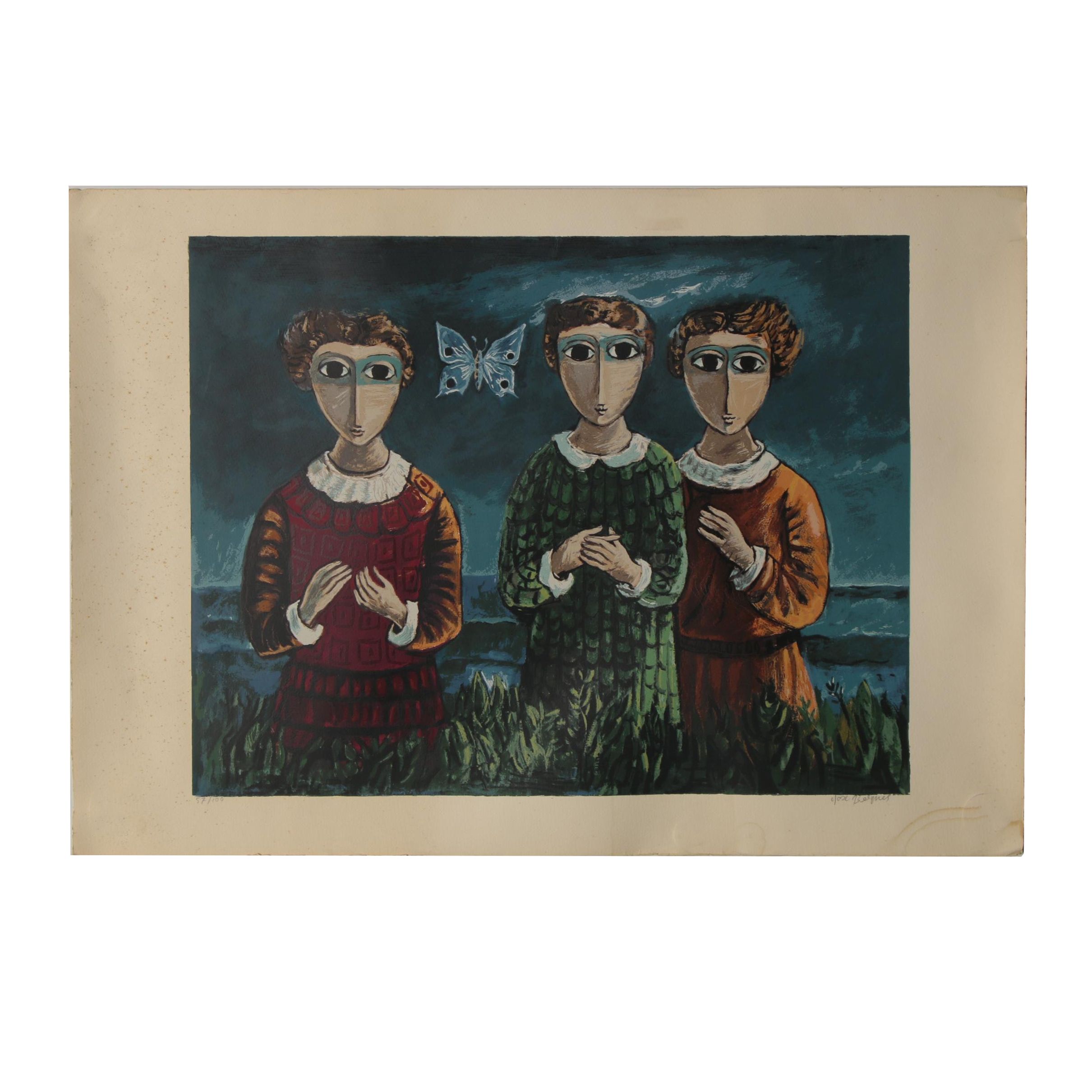 Yosl Bergner Serigraph "Three Girls and Butterfly," Mid-20th Century