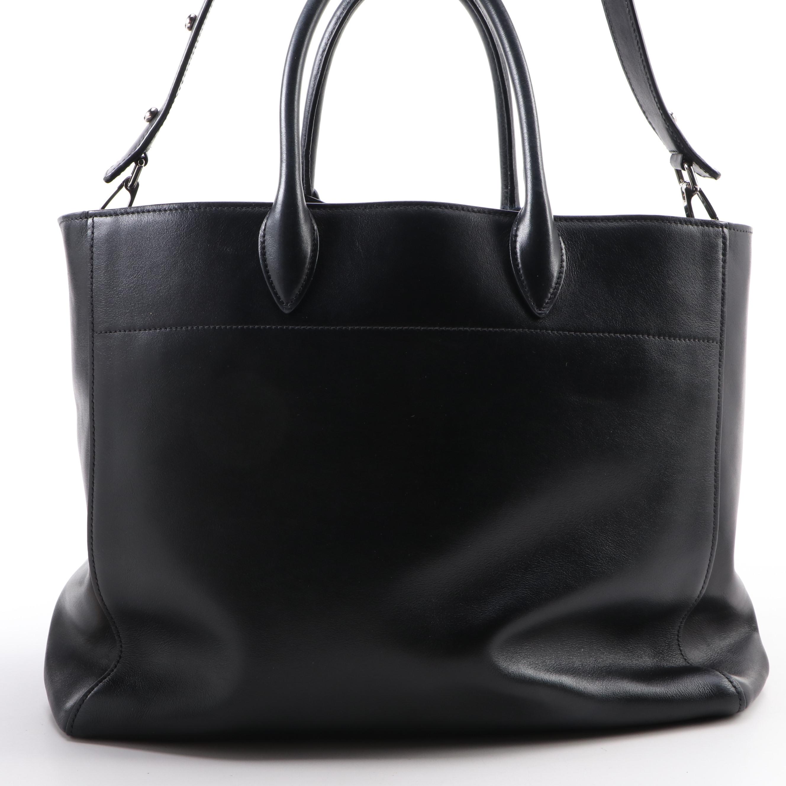 Prada Medium Convertible Open Tote City in Black Calfskin Leather