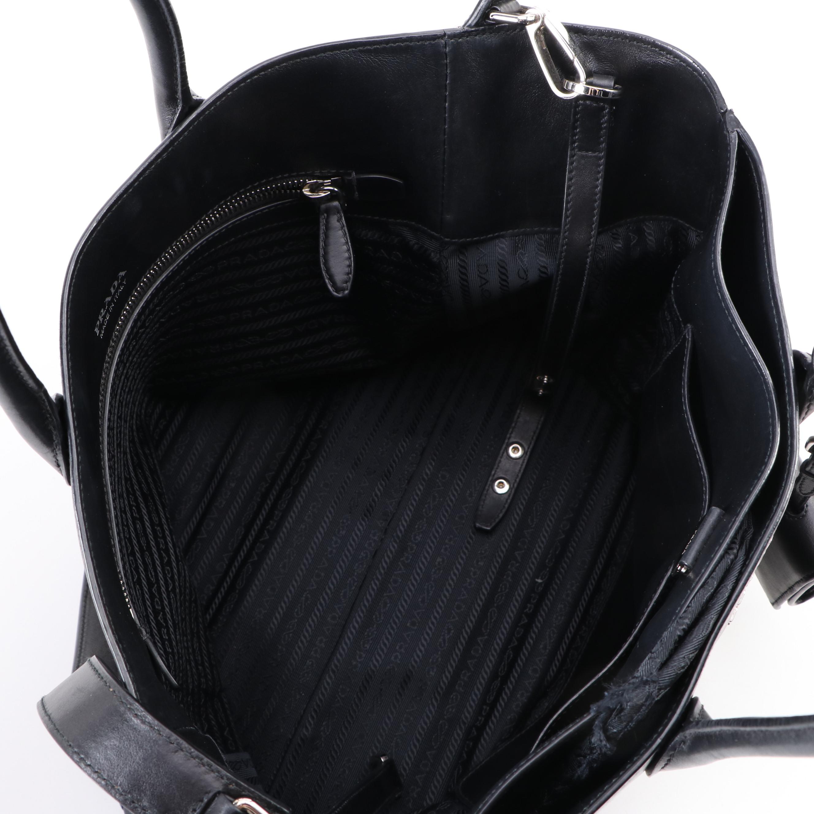 Prada Medium Convertible Open Tote City in Black Calfskin Leather