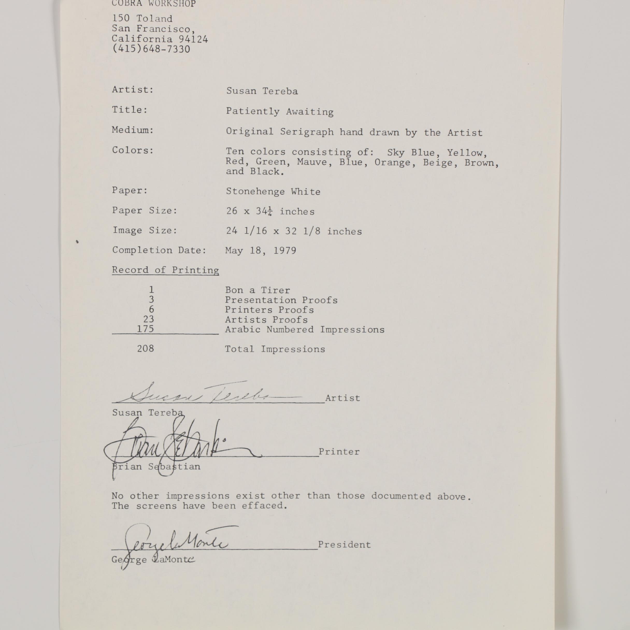 Susan Tereba Serigraph "Patiently Waiting," 1979