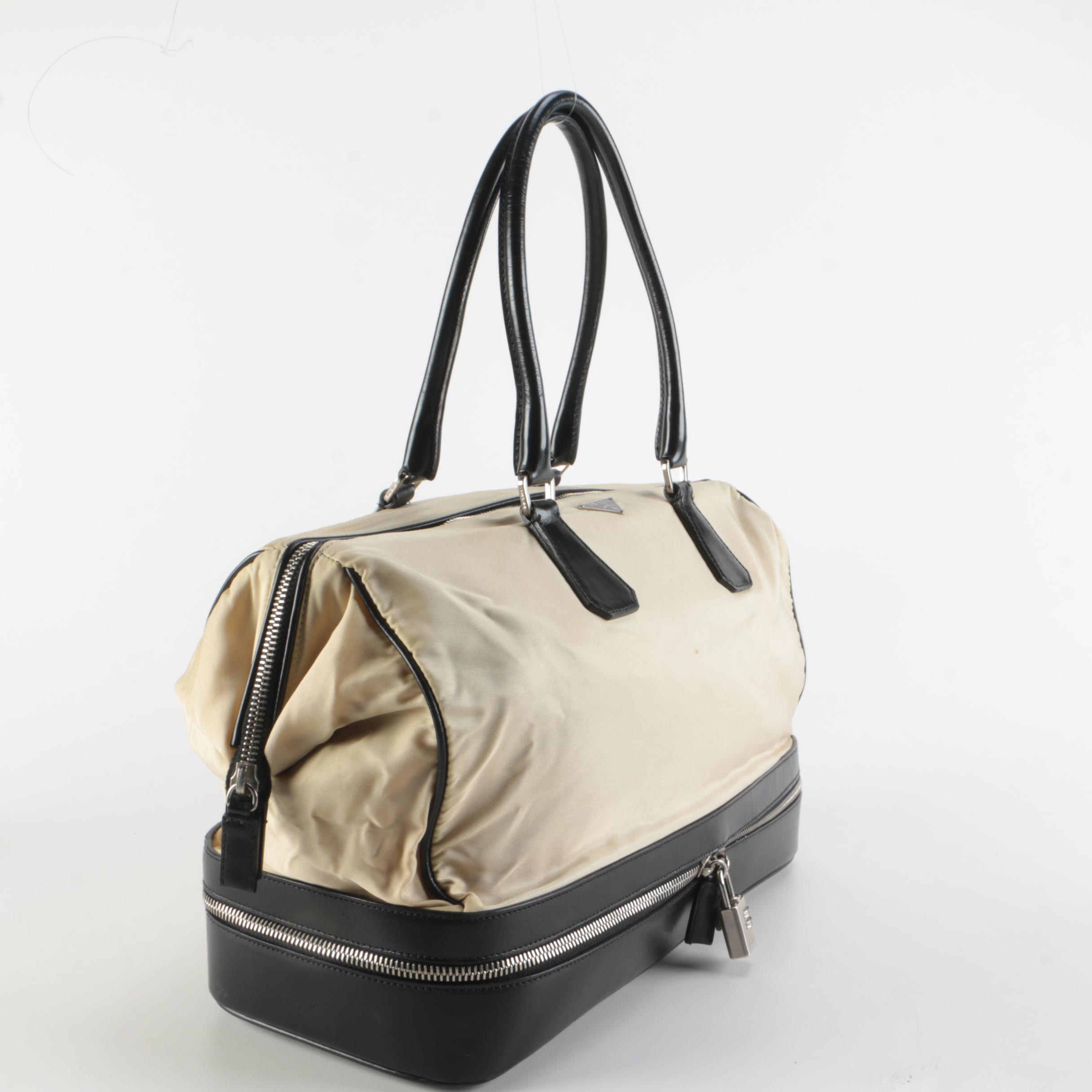 Prada Zip Bottom Doctor's Bag in Beige Nylon and Black Leather