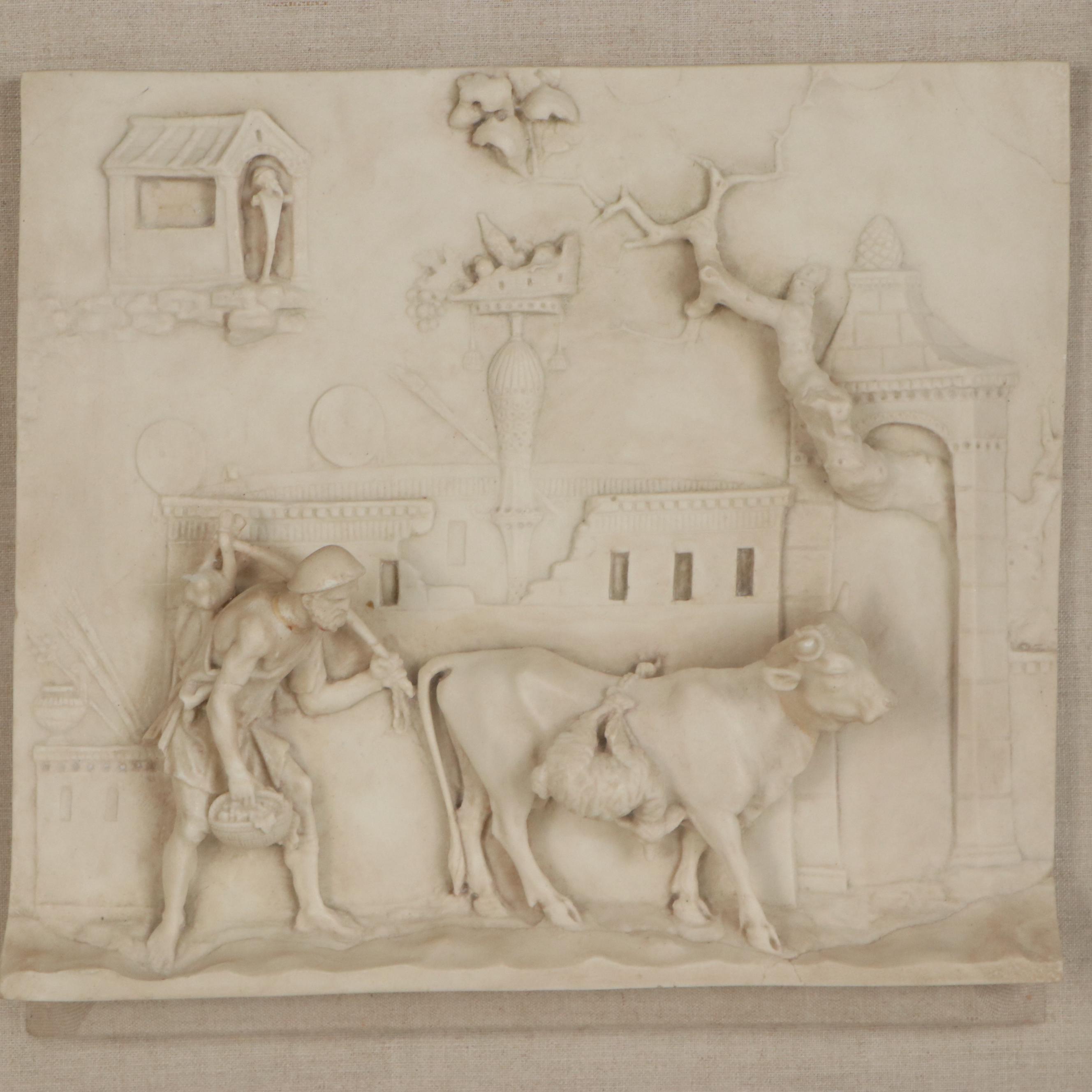Bonded Stone Relief Reproduction of Roman Farmer with Cow